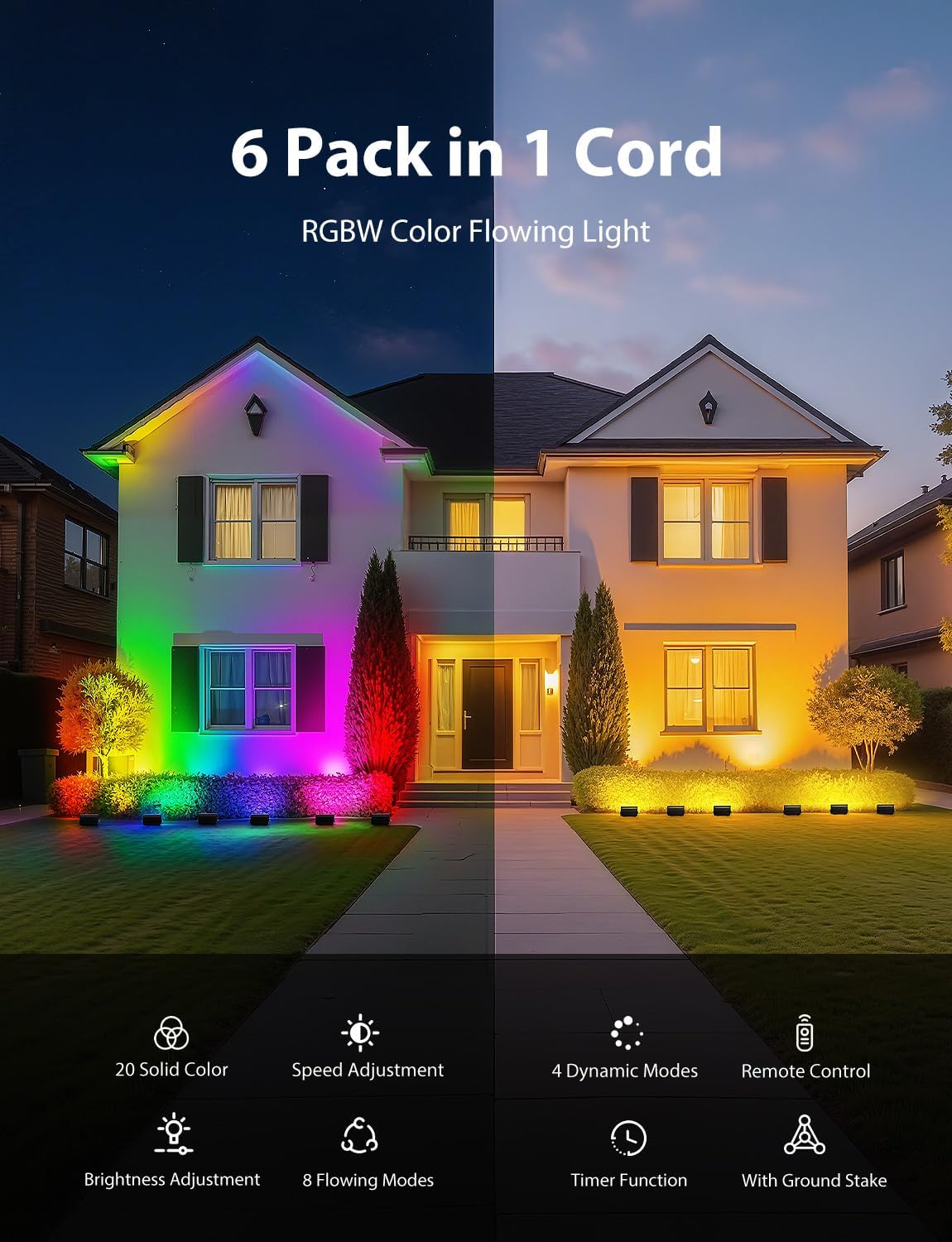 Onforu RGBW Flood Lights Outdoor Remote Control, Color Changing LED Landscape Lights, IP65 Waterproof Uplights for Events, Uplighting for Halloween Christmas Garden Yard Party, Wired 6 Pack 60W - Image 3