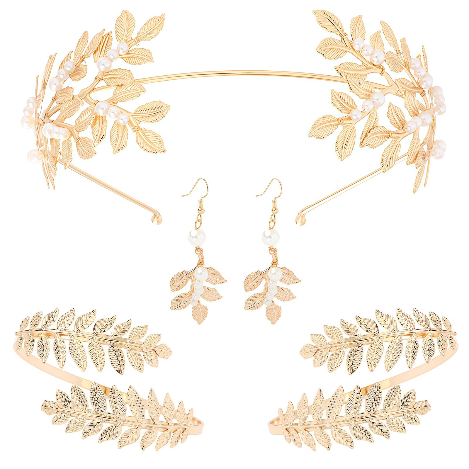 AstraGlam 5 Piece Greek Goddess Jewelry Set, Gold Leaf Headband, Boho Laurel Wreath Crown, Pearl Earrings, Elegant Accessories for Women, Wedding, Party, Toga