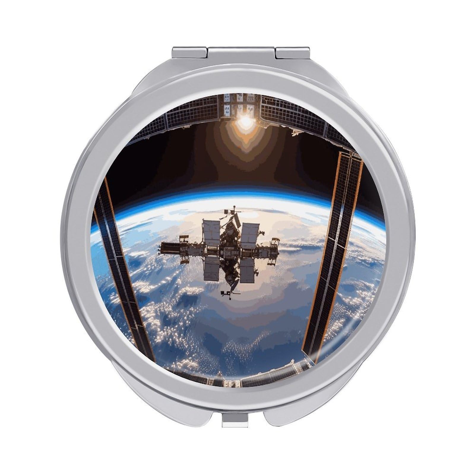 JTREHY International Space Station Picture Makeup Mirror Silver Mirror Surface Folding Makeups Mirrors Lightweight Durable Looking Glass for Suitable Traveling Handbag and Purses