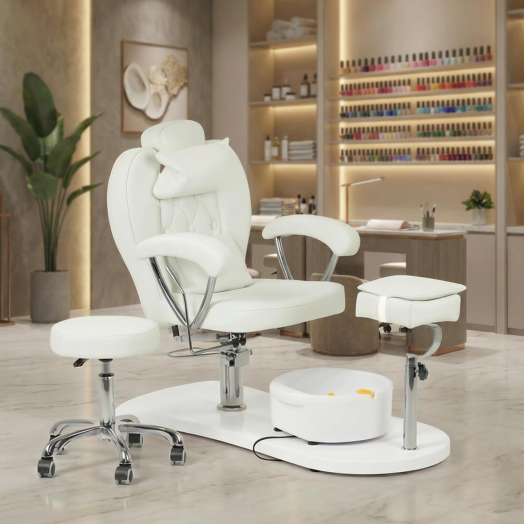 Pedicure Chair No Plumbing with Stool & Foot Bath, 360°Swivel Hydraulic Reclining Pedicure Station with Footrest & Ergonomic Headrest for Nail Tech, Spa, Salon (White)