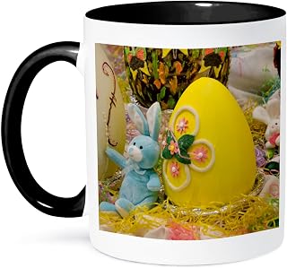 3dRose Australia. Easter display of chocolate eggs and Easter Bunny. 11oz Two-Tone Black Mug