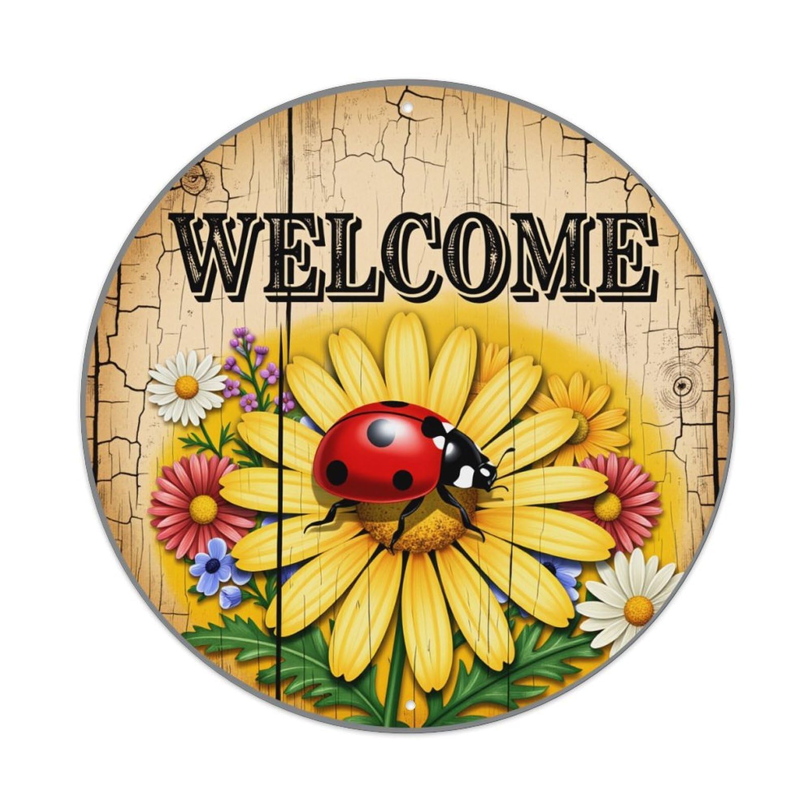 Welcome Ladybug Flower Garden Sign Round Tin Sign Vintage Metal Sign Home Bar Garden Indoor & Outdoor Wall Decor Retro Metal Poster 8x8 Inch