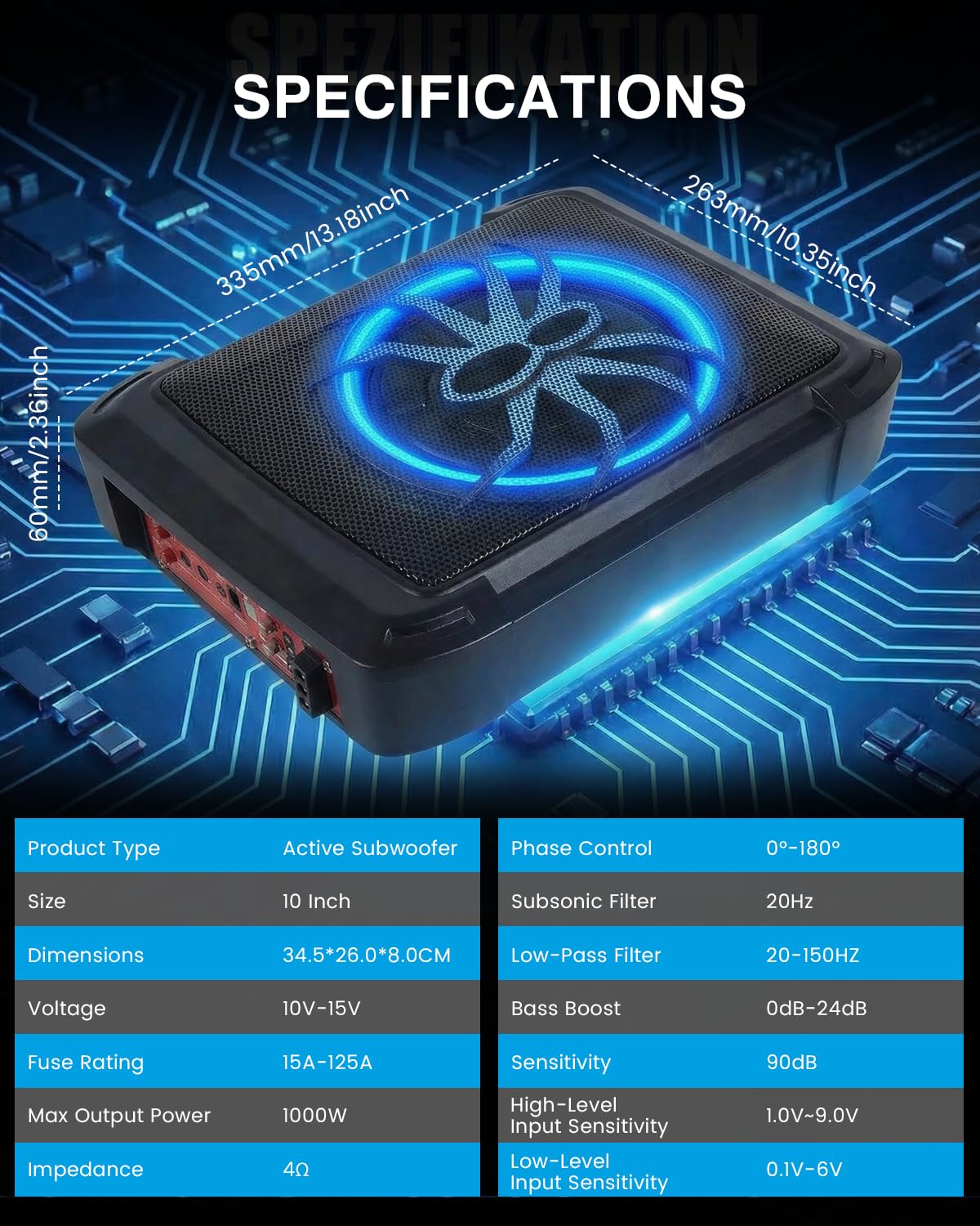 Ultraflacher Auto-Subwoofer, geeignet für Auto/Truck, mit integriertem Verstärker, unter den Sitzen montierbar, maximale Leistung 1000 W, kompakter Subwoofer