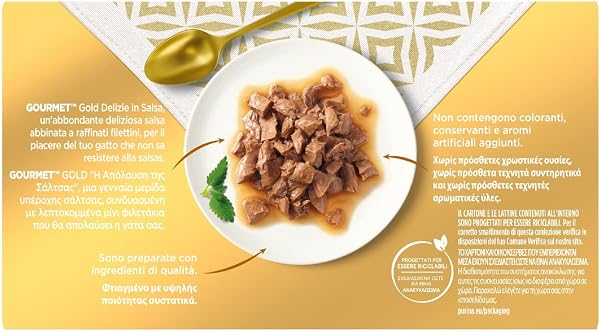 GOURMET Gold Wet Food for Adult Cats Delights in Salsa with Salmon and Tuna, 48 Cans of 85 g, Intense Taste Recipe - 3