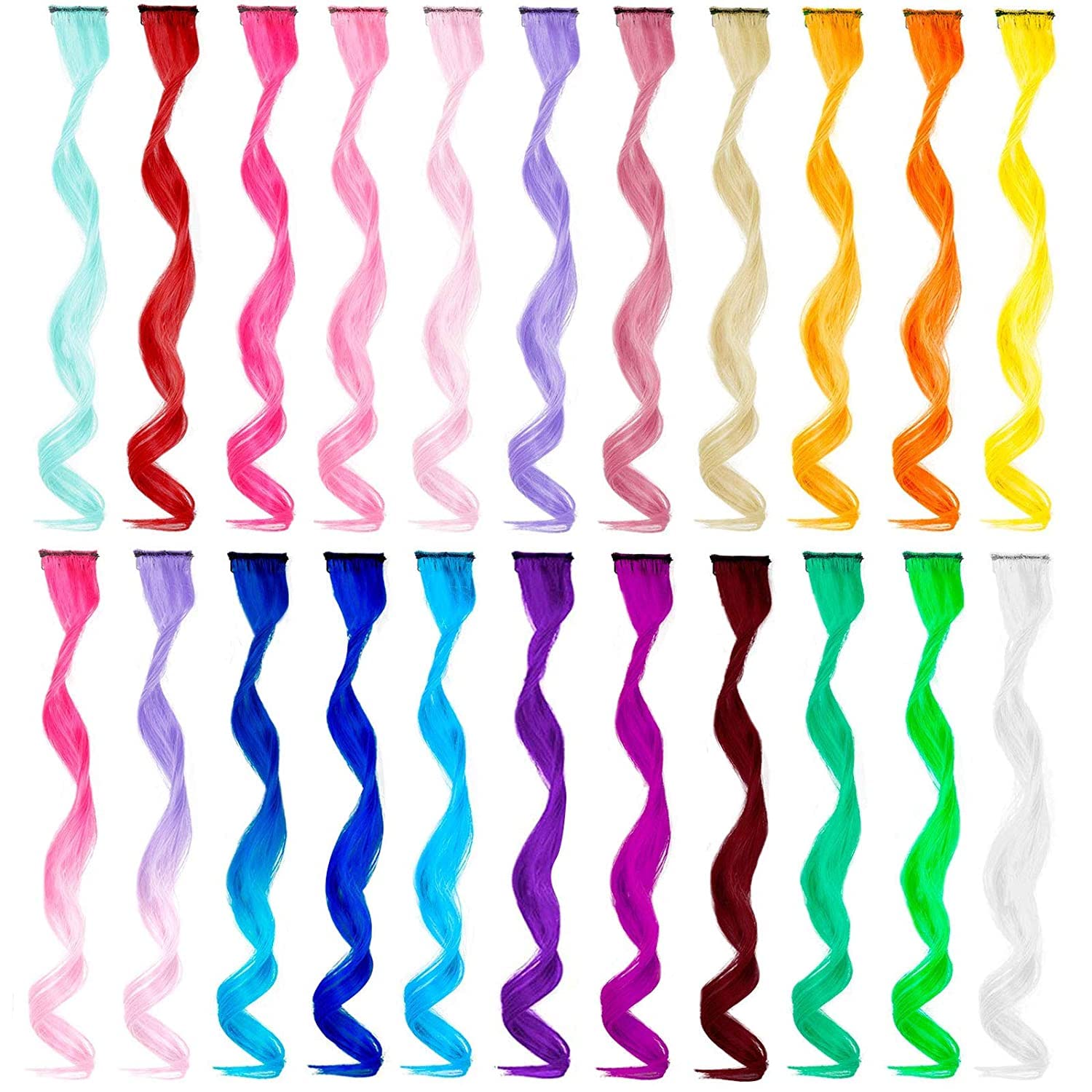 Colored Hair Extensions Curly Wavy Accessories for Girls Women Kid, Multi-colors Party Highlights Clip in Synthetic Rainbow Hairpiece (Colorful Set) (22 Colors)