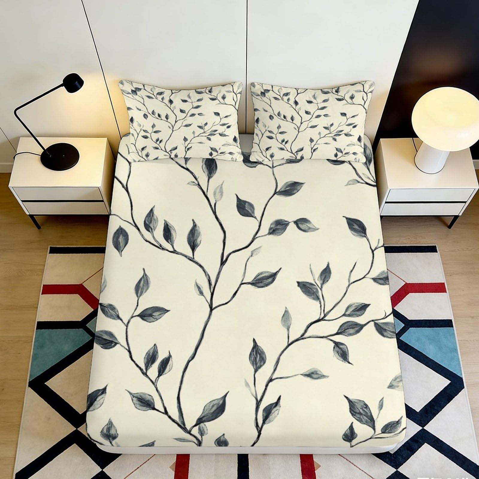 3D Printed Leaf Pattern Fitted Sheet Microfiber Soft Breathable Branch Mattress Cover for Bedroom Dormitory Guest Room Protection Decor 90x200x25cm