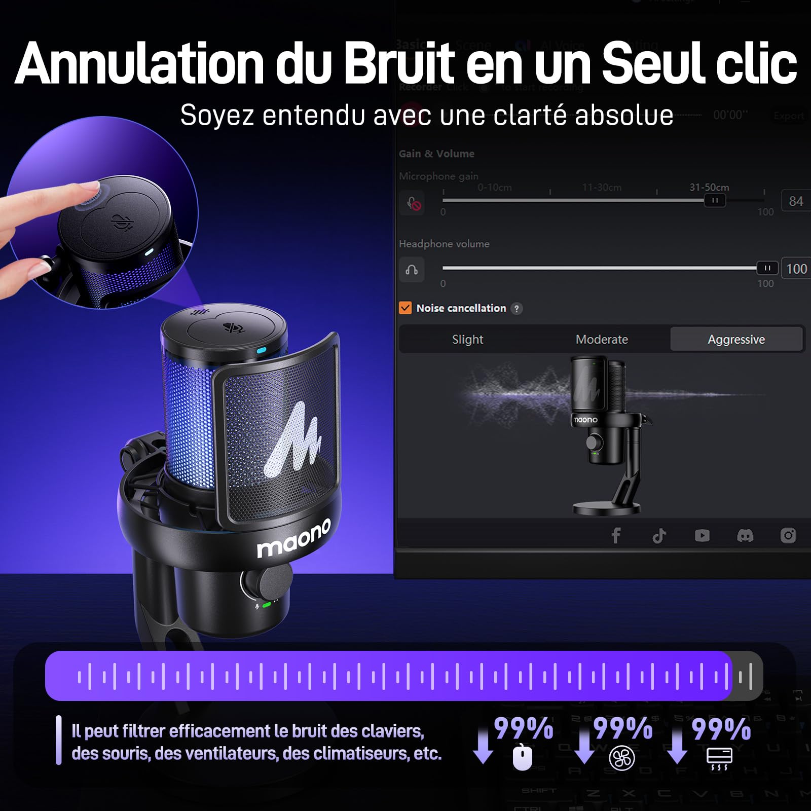 MAONO Micro Gaming sans Fil pour PC, Microphone USB avec Changeur de Voix IA, Suppression du Bruit, EQ Personnalisé, éclairage RVB Réglable pour Jeux, Podcasts, Streaming, DM40 Noir