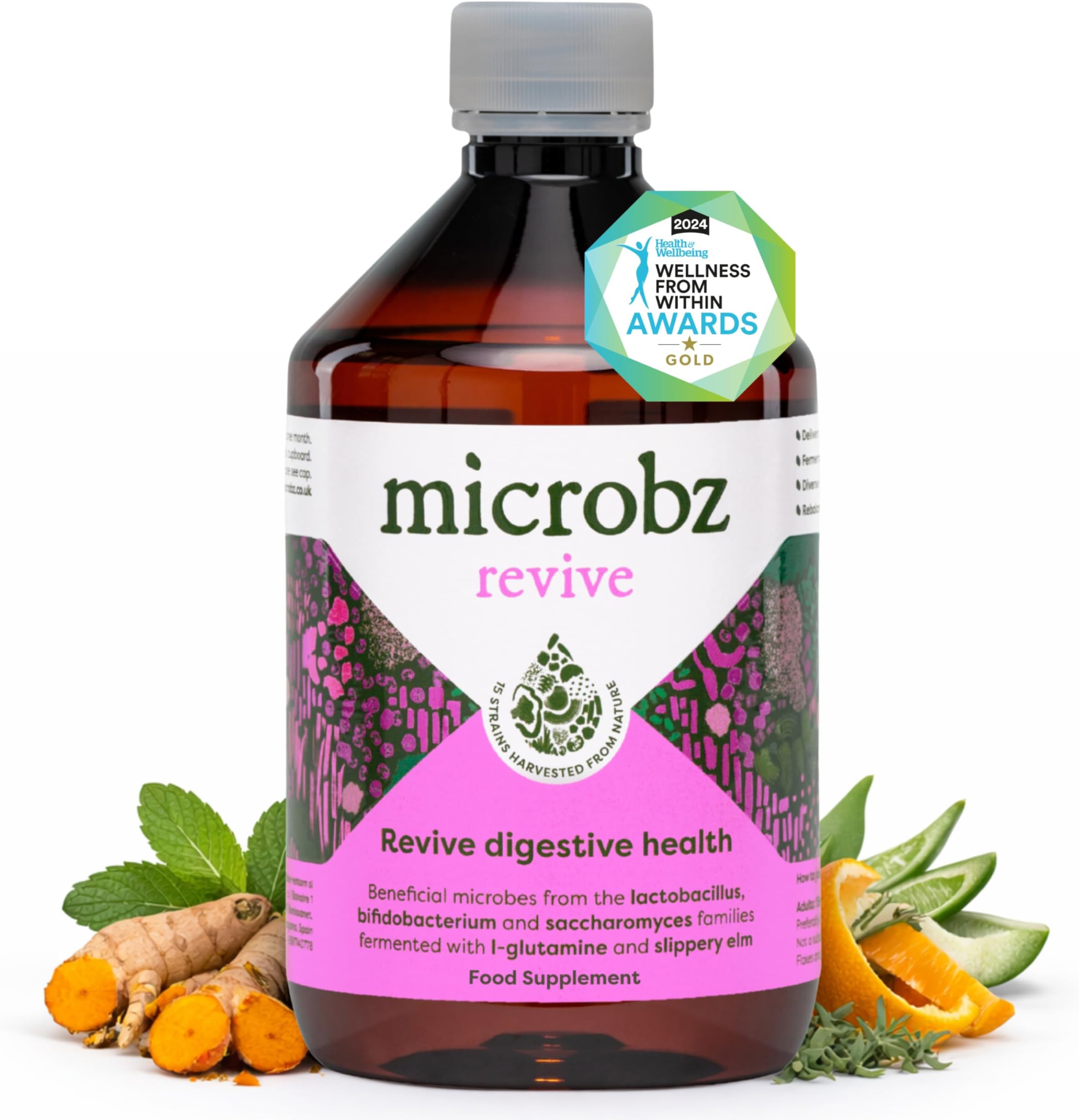 MICROBZ Revive Liquid Probiotics for Gut Health - Award-Winning Probiotic Supplement with 15 Strains & Fermented Herbs for Bloating - Dairy, Gluten Free, Vegan Drink for Women & Men - 31 Servings