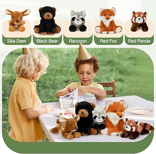 Miniatura 6 de MaoGoLan 6 piezas de animales de peluche suaves del bosque juguetes de peluche a granel para niñas y niños, 8'' oso pardo, ciervo, zorro, mapache,