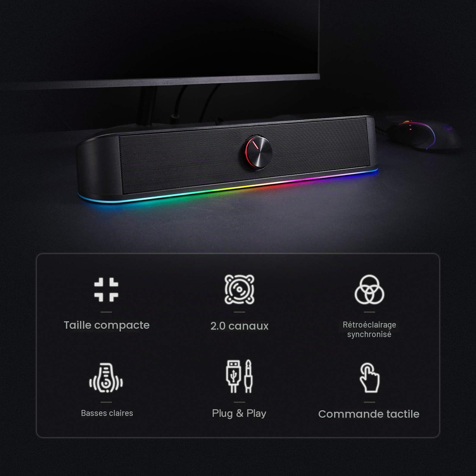 Redragon GS560 RGB Soundbar PC 2.0 Contrôle Tactile | soundbar PC RGB 2.0 canaux barre éclairage dynamique synchronisation audio lumière contrôle tactile