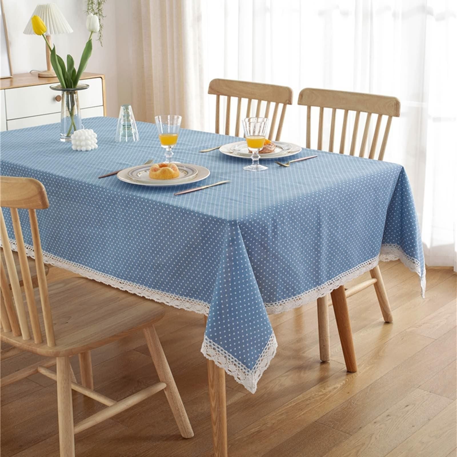 Tovaglia rettangolare 140 x 220 cm in poliestere lavabile per 68 persone blu tinta unita con bordo ricamato decorazione da tavolo stile country accessorio ideale per la casa