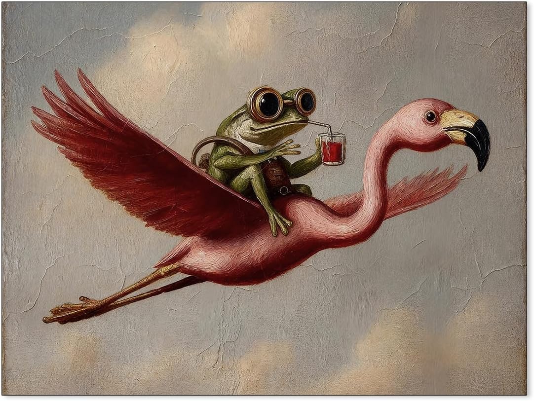 FoxUncle Funny Frog on Flamingo Wall Art Whimsical Vintage Animal Poster Surreal With Humor Canvas Painting for Bedroom Office Home Wall Decor 12X16 inch Unframed