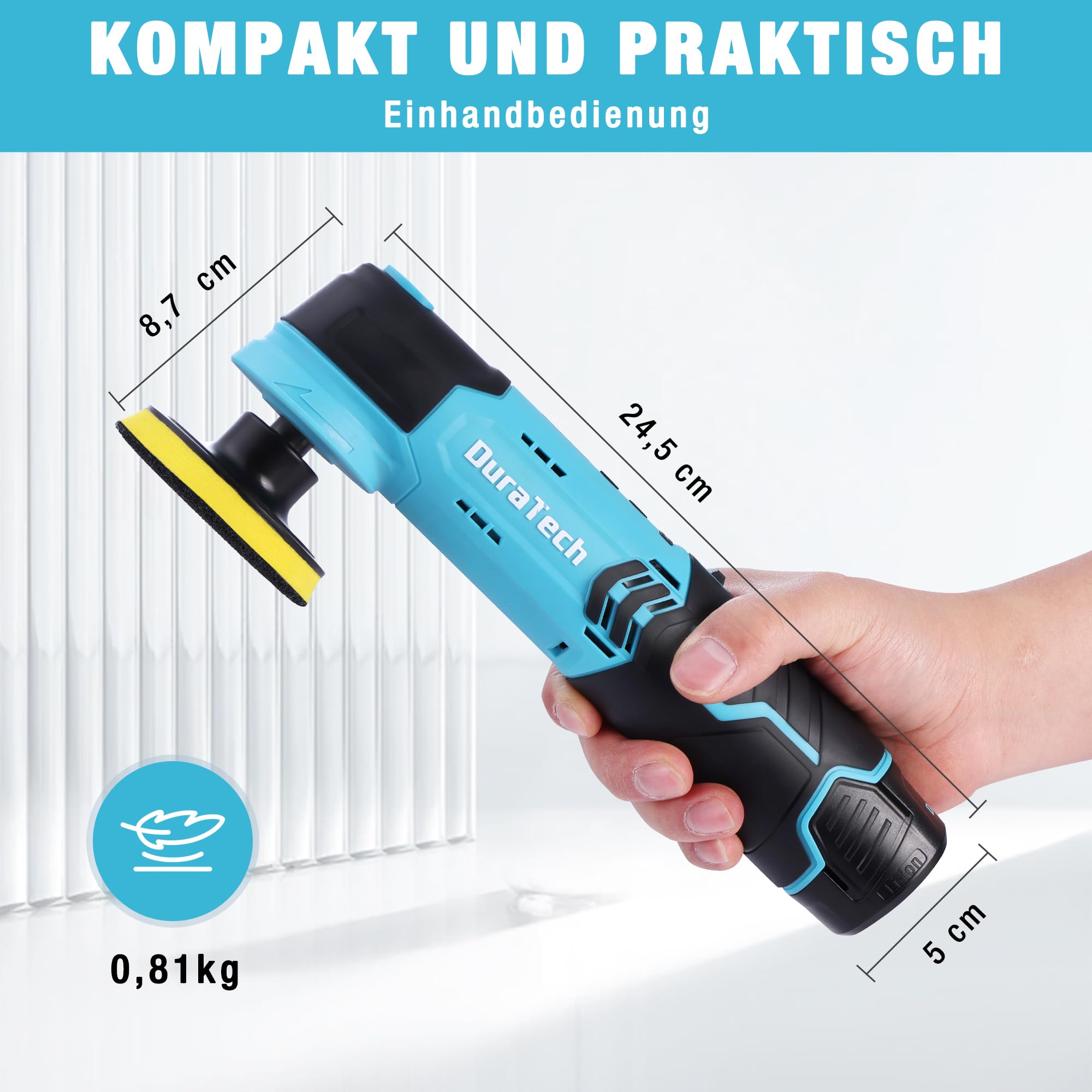 DURATECH Akku Poliermaschine 12V, Mini Auto Polierer 3000RPM mit 2,0Ah Batterie, Akkupolierer 50mm + 80mm Polierteller mit Zubehör und Aufbewahrungstasche für Auto, Möbeln, Metall