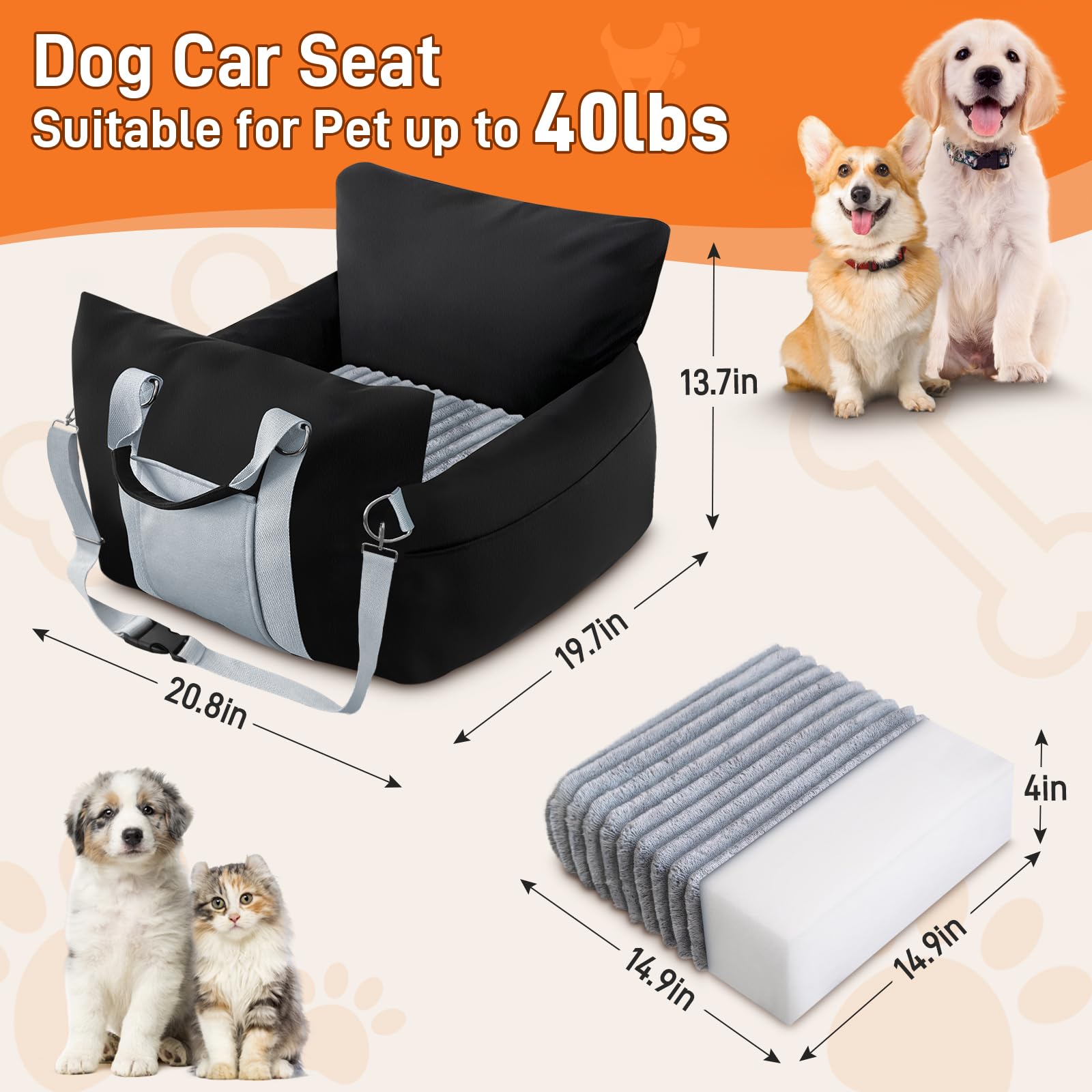 Waterproof Dog Car Seats for Small Medium Dogs, Dog Booster Seat 4in Memory Foam Pet Car Seat up to 40 lbs with Pockets, Travel Pet Car Seat with Detachable Washable Cover and Cushion - image 2