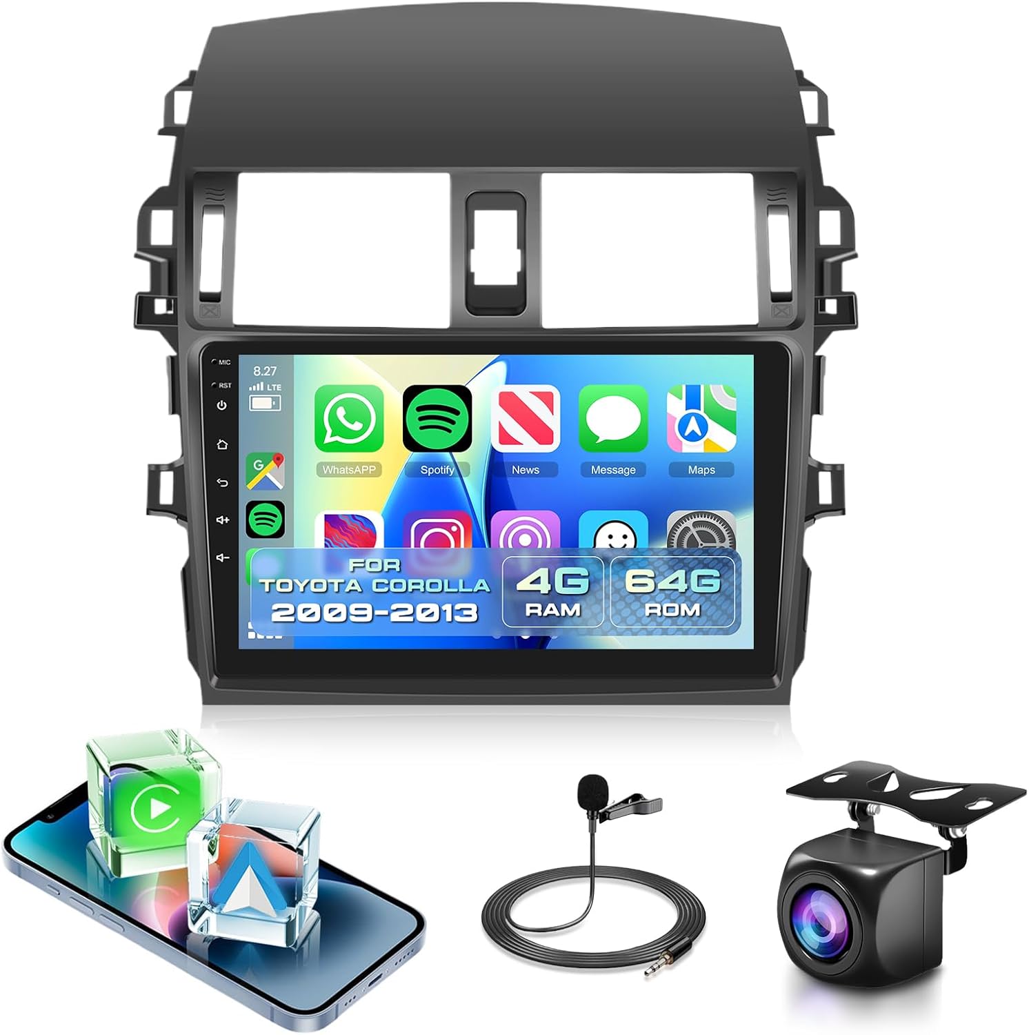 8 CORE 6G+128G Car Radio Stereo for Toyota Corolla 2009-2013, 9 Inch 1280 * 720P IPS Touch Screen 32-Band DSP Wireless CarPlay/Android Auto Android 13 GPS WiFi SWC HD Backup Camera