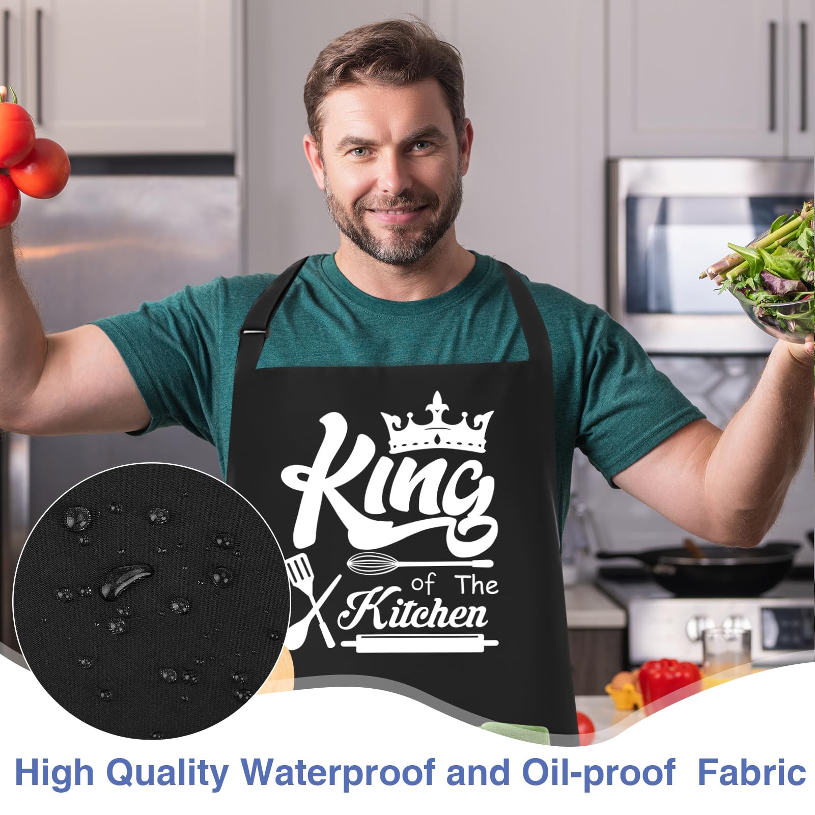 Delantales divertidos para hombres, 39 x 39 pulgadas, delantales de tamaño grande, delantales de cocina King of The Kitchen, delantales personalizados para hombres, delantales ajustables para