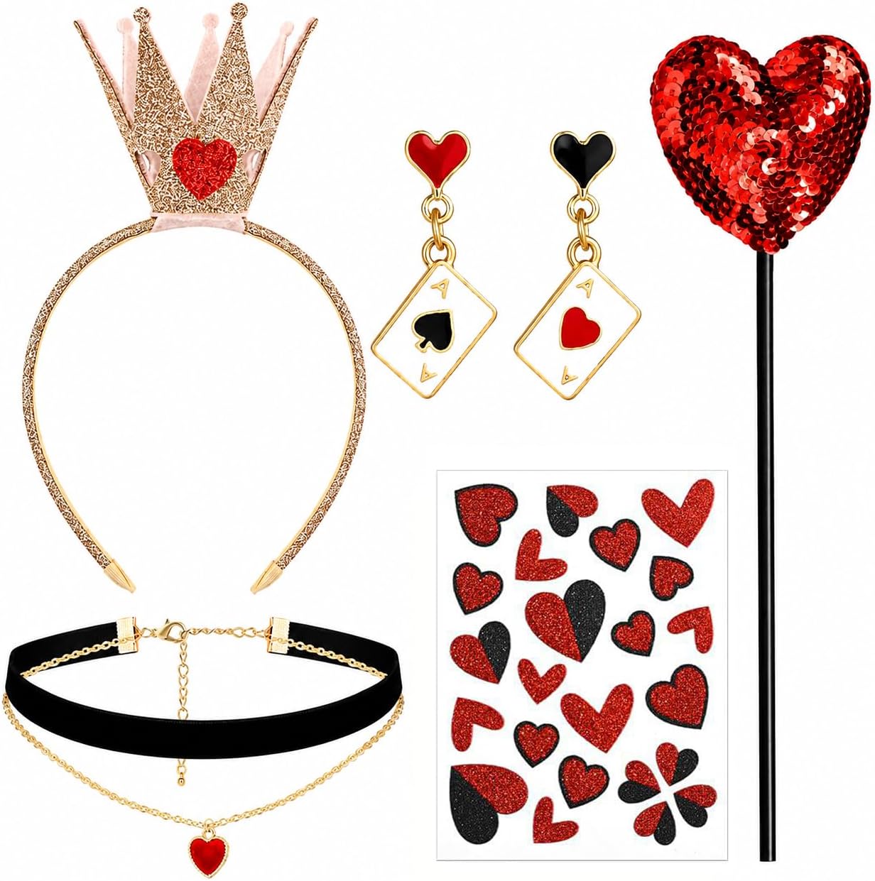 5 Pcs Halloween Queen Costume Accessories Set for Women, Crown Headband, Playing Card Earrings, Heart Wand, Choker Necklace and Heart Stickers for Party Dress Up