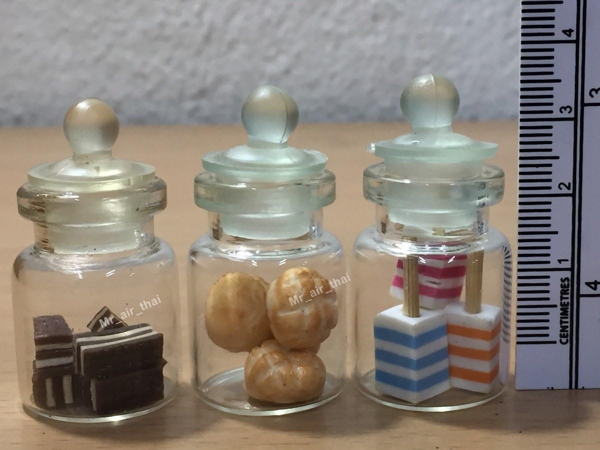 3pc Miniature Food Chocolate Cookie Cake Candy Dollhouse Cake in Clear Glass Mini Bottle Fruit Food #MF038