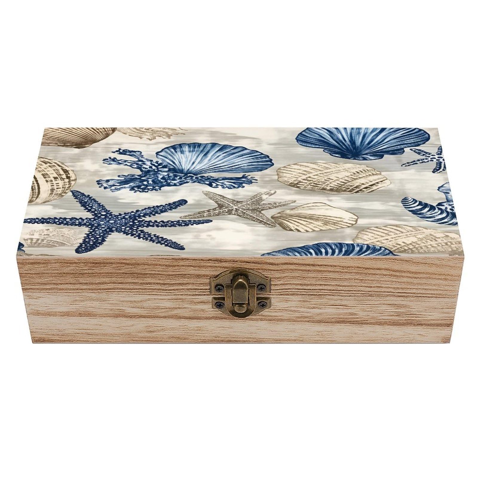 HLBSDM Coastal Beach Shell Starfish Vintage Wooden Keepsake Box with Hinged Lid And Locking Clasp, Decorative Storage Box for Jewelry, Trinkets And Small Accessories, Organizer for Home Or Wedding