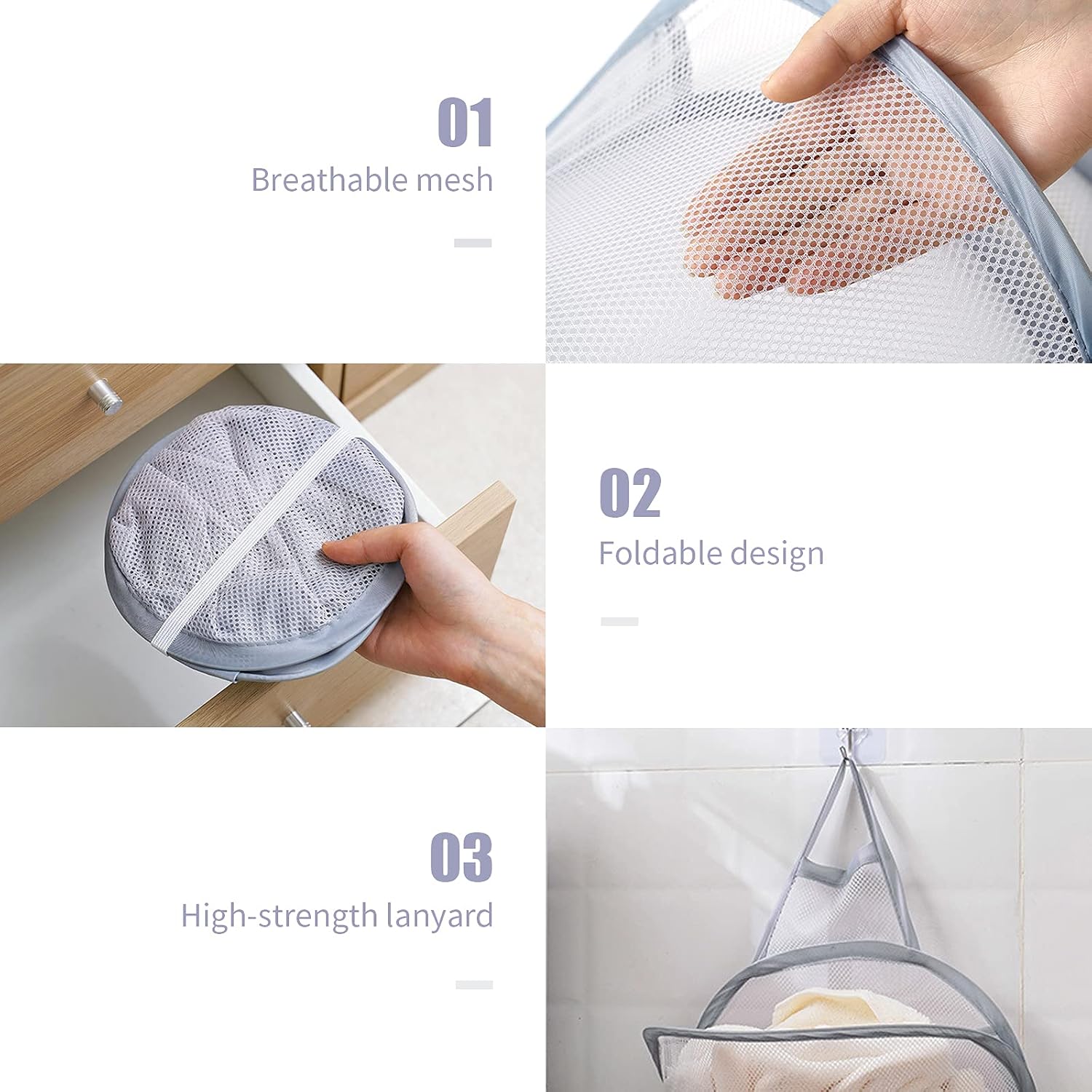 Pop-up Hanging Laundry Hamper Small Mesh Laundry Basket 2 Pack Foldable Hamper Collapsible Wall Mounted Storage Bag, Back to School Supply Grey & White