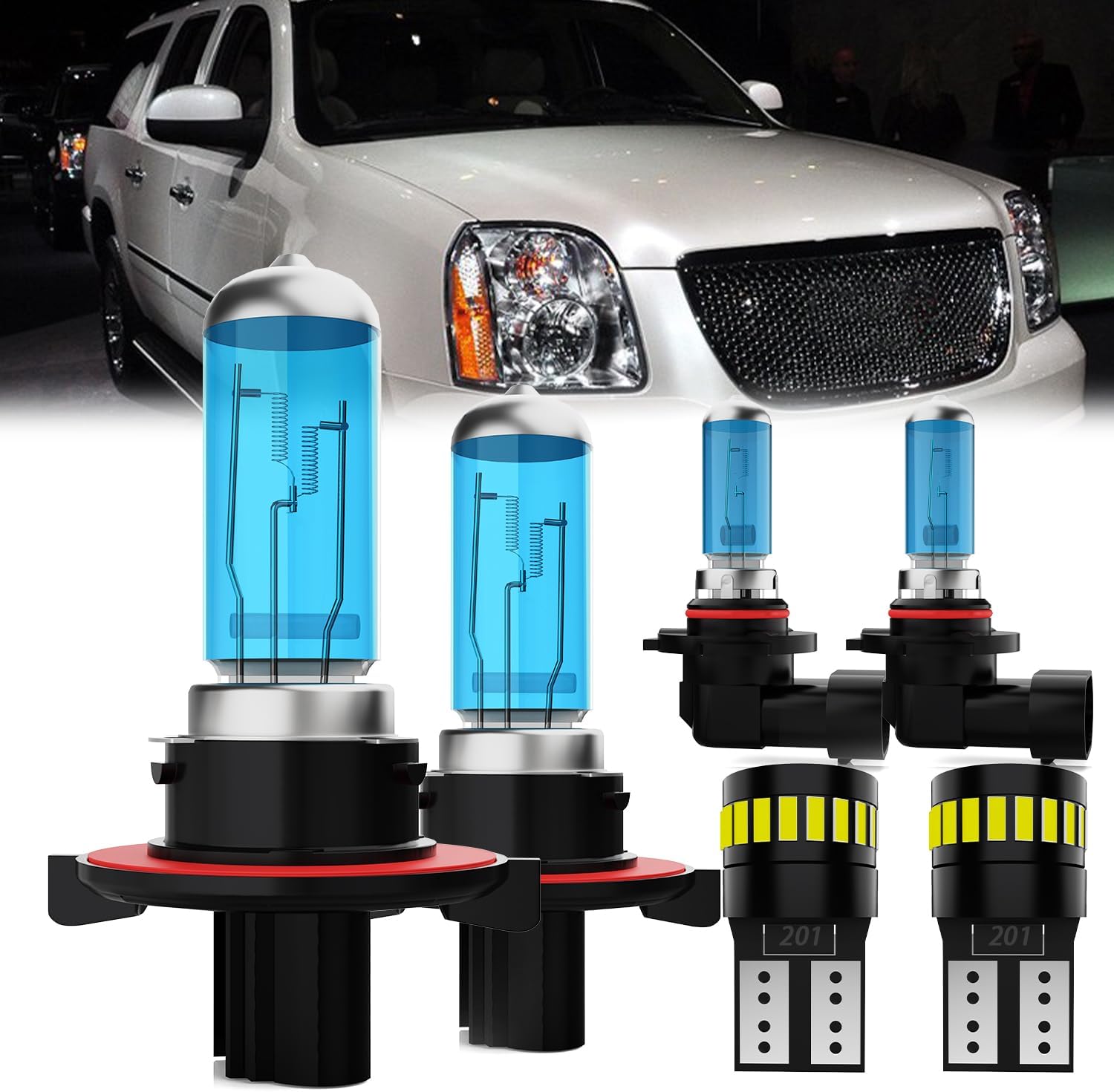 Headlight Bulbs + License Plate Lights Fit GMC Yukon 2008-2013, 9008 High Low Beam + 9145 Fog Lights Halogen Bulbs, Pack of 6