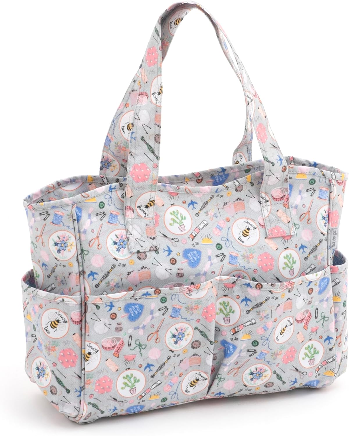 Hobby Gift Craft Storage Bag with Zip Top PVC Coated Cotton Tote with Multiple Pockets for Knitting Sewing Crochet and Craft Projects