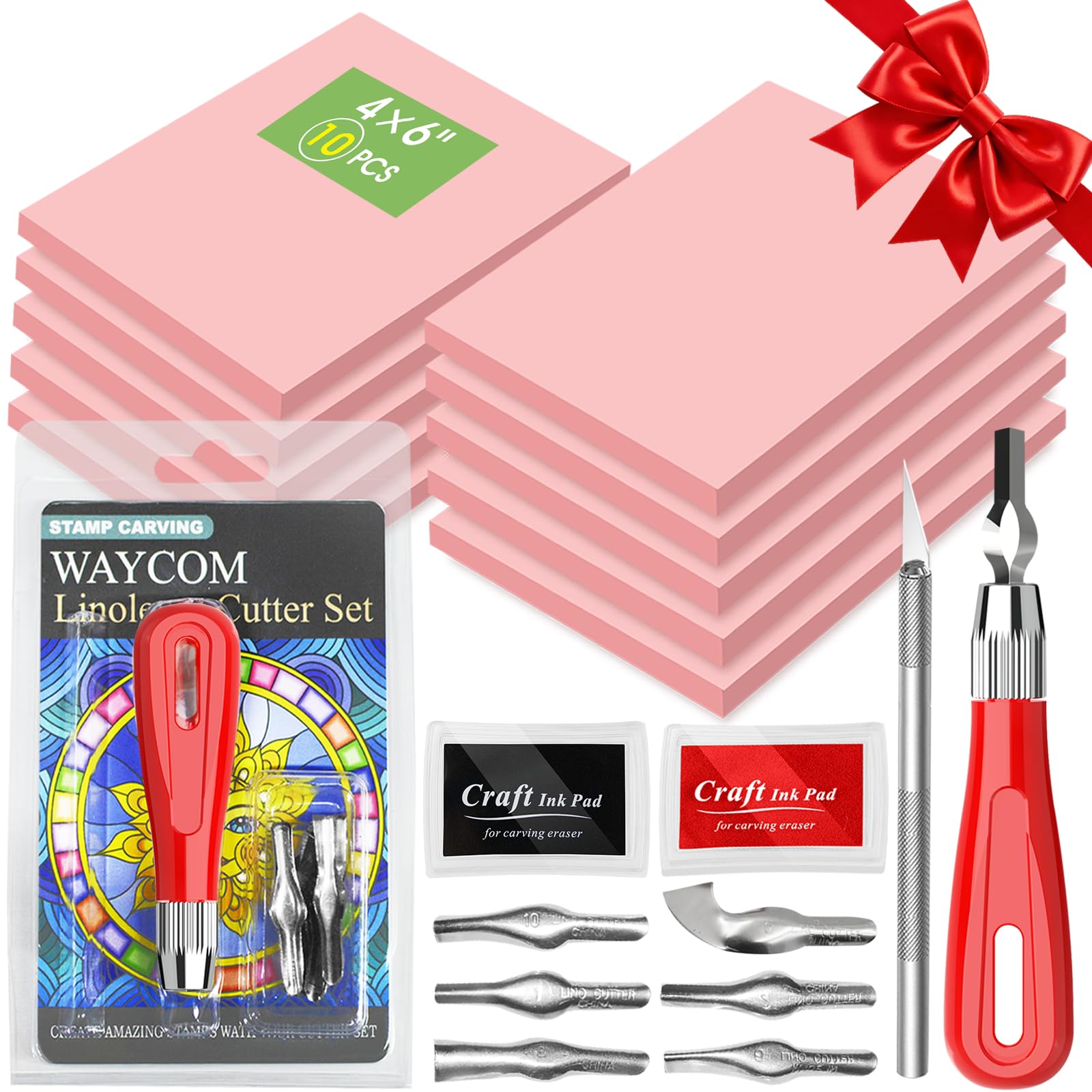 WAYCOM 10-Pack Linoleum Blocks for Printmaking with Cutter Tools, Rubber Stamp Making Kit Rubber Block Stamp Carving Blocks Craft Ink Pad Hobby Knife Pencil for DIY Printmaking,Printing and More