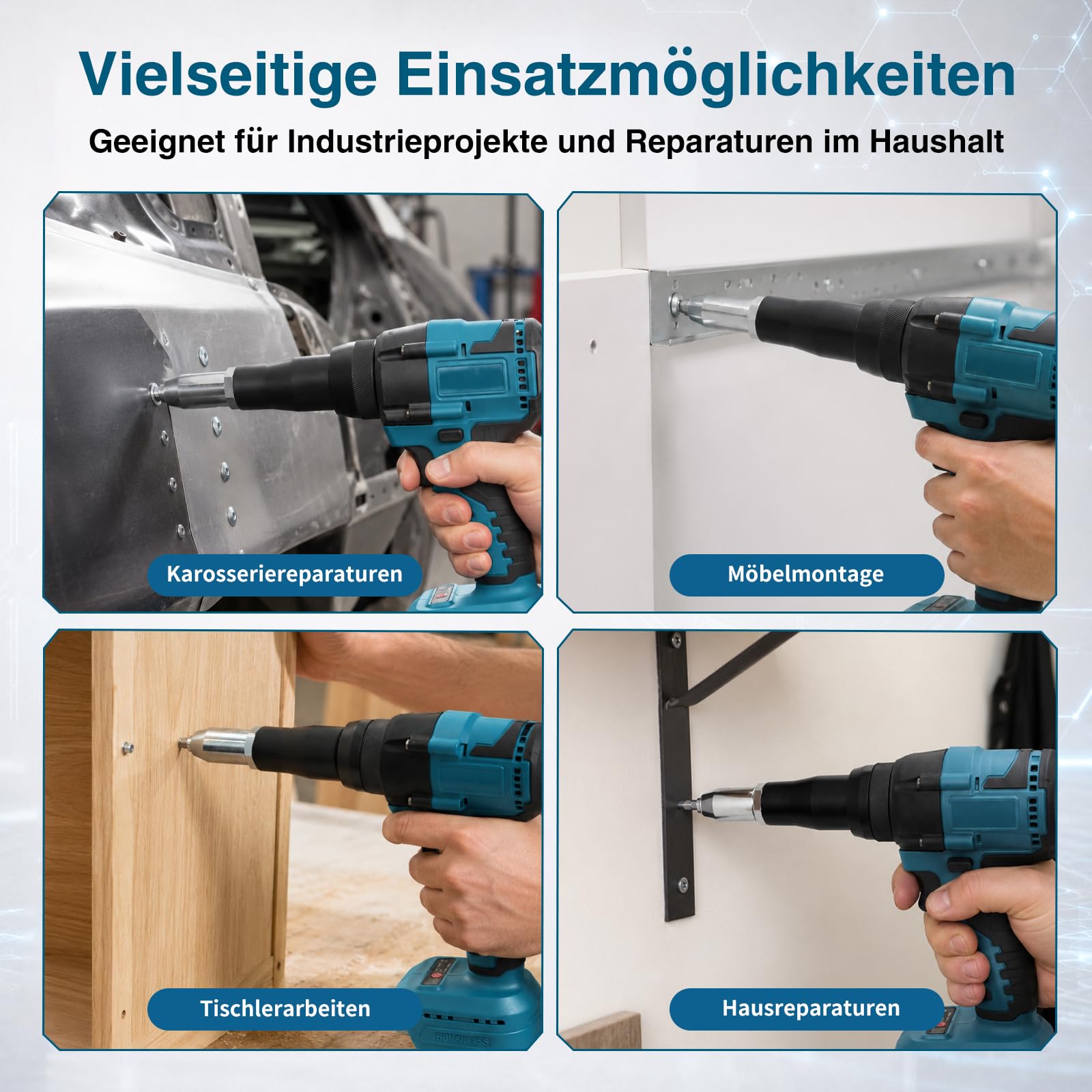 Akku Nietzange für Makita 21V Akku, 50000N Bürstenlose Blindnietzange, Automatischer Elektrische Popnietenzange, Mit 3.2/4.0/4.8mm Adaptern(ohne Batterien)