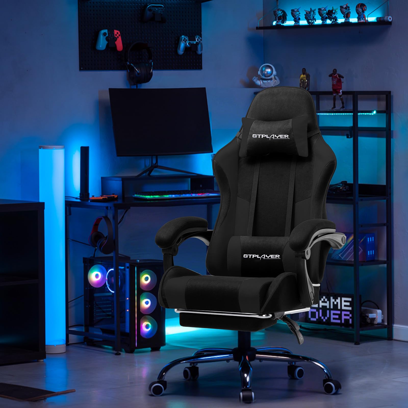 GTPLAYER Sedia da gioco, sedia da ufficio, sedia ergonomica, sedia da gioco, con supporto per massaggi, sedie task con poggiapiedi e poggiatesta, tessuto nero