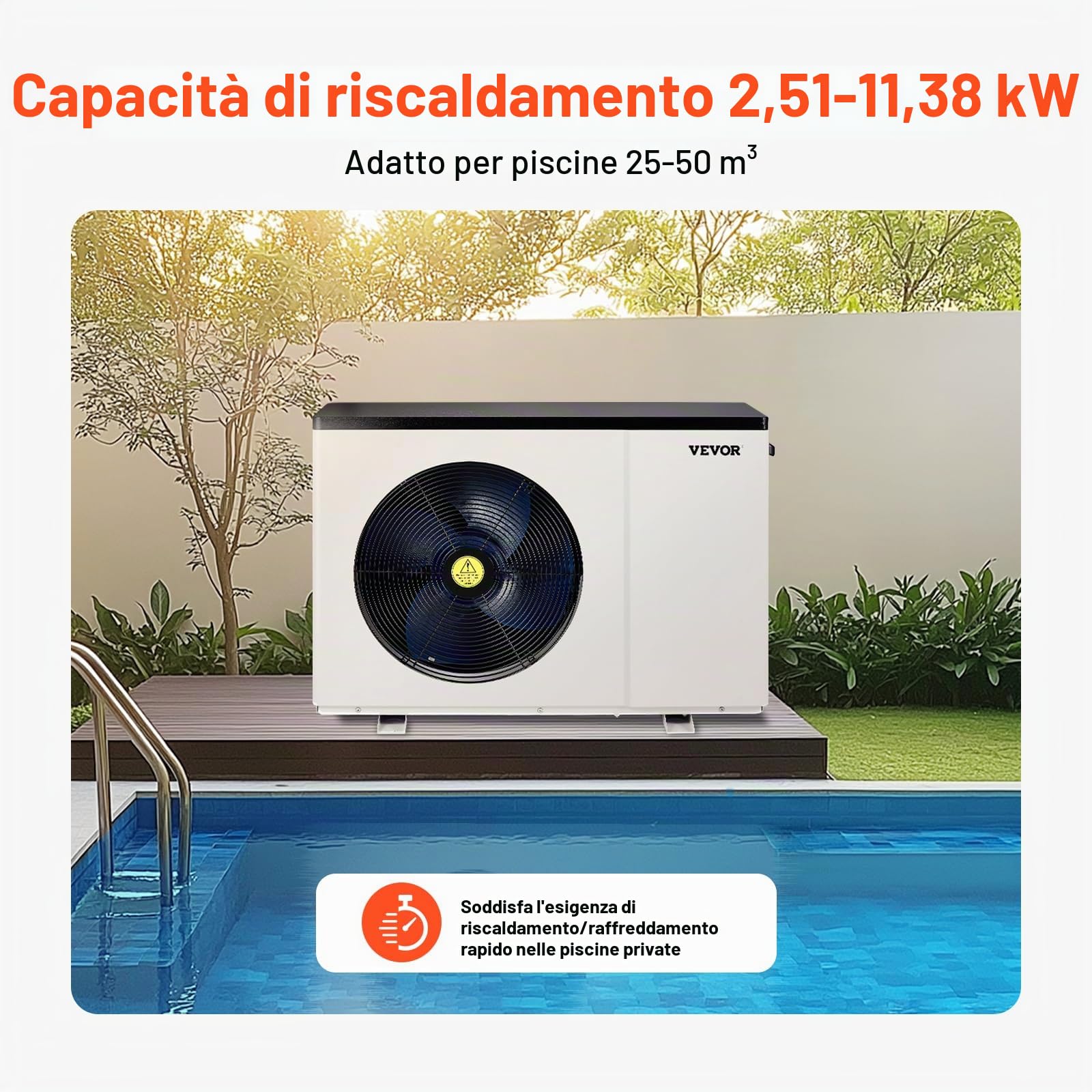VEVOR Pompa di Calore Elettrica per Piscina, capacità 2,51-11,38 kW, Riscaldatori Frequenza Variabile a Risparmio Energetico Piscine Fuori Terra 25-50 m³, Riscaldamento Scaldabagno AC 220-240 V 50 Hz