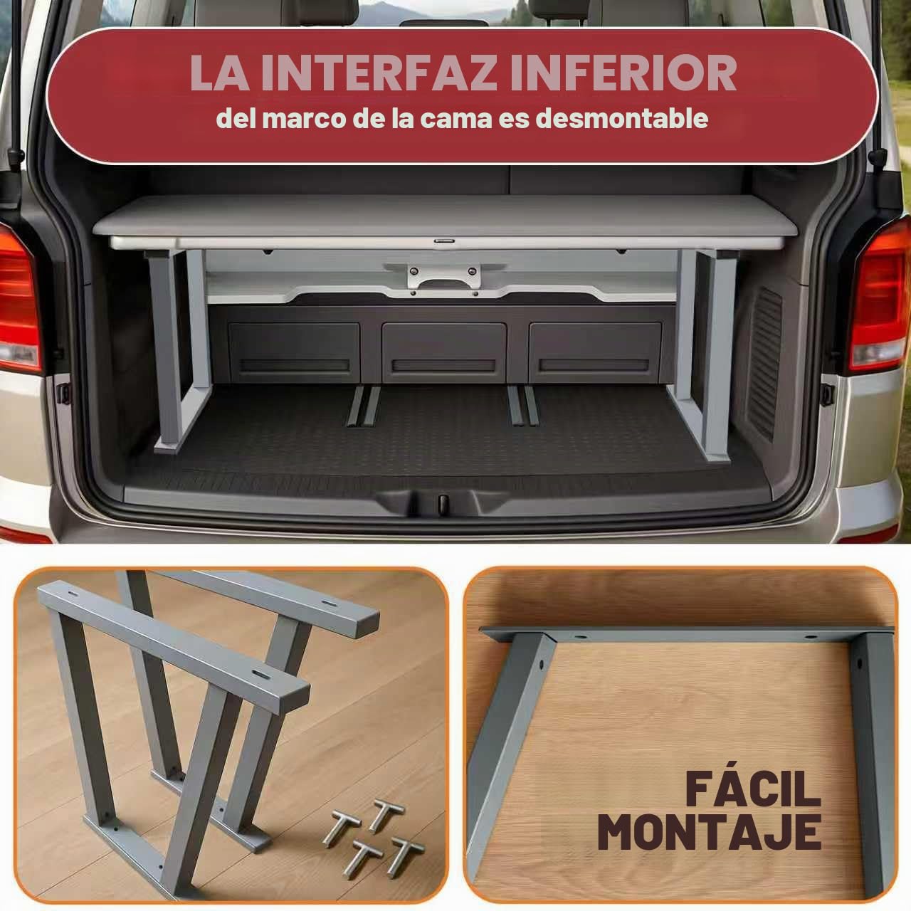 Soporte de Cama VW T5 / VW T6 / VW Multivan T6—Cama Multifuncional, Extensión de Cama VW T5 T6, Compatible con Multiflexboard,Soporte de Cama para Sistema de Rieles del Multivan,Extensión Cama Camper