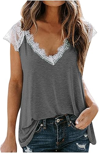 2023 Camisetas sin mangas para mujer color sólido sin mangas camisetas de moda cuello en V blusa sin mangas camisa de encaje chaleco