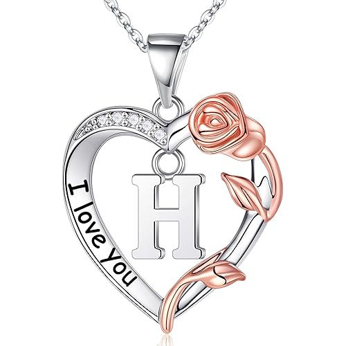 Rose Heart Necklace Gifts for Women Girls, I Love You Rose Love Heart Initial Letter Pendant Necklace Jewelry Mothers Day Valentines Birthday Christmas Jewelry Gifts for Women Mom Wife Girlfriend
