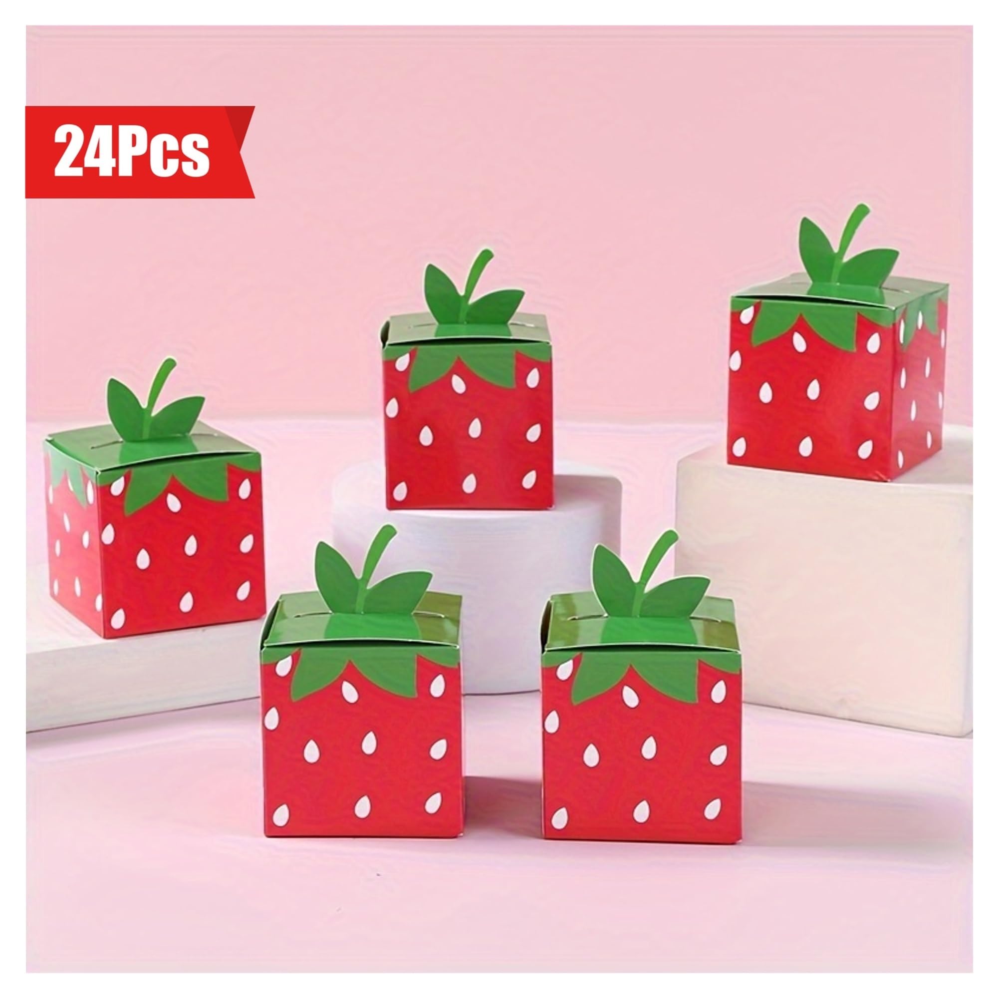 12/24PCS Sweet Fruit Strawberry Theme Paper Cookie Candy Box Gift Packing Boxes For Birthday Wedding Party Deco per Feste e Vacanze(Pink,24pcs)