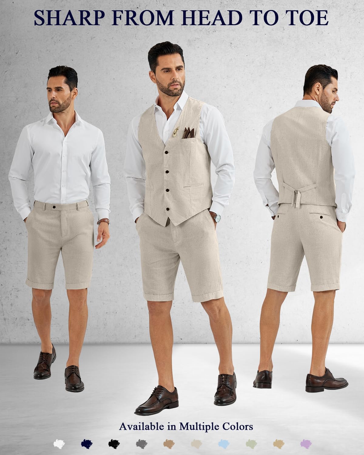 Men's Suit Linen 2 Piece Vests Short Pants Suits for Men Casual Summer Beach Groomsmen Wedding Waistcoat Set Outfit - Image 2