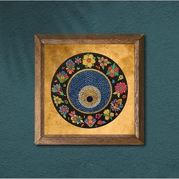 Pinecone Evil Eye Bead Stone Wall Painting - Stone Painting with Wooden Frame - 25x25 cm - Decorative Wall Art - Modern Home and Office Wall Decor W1-110