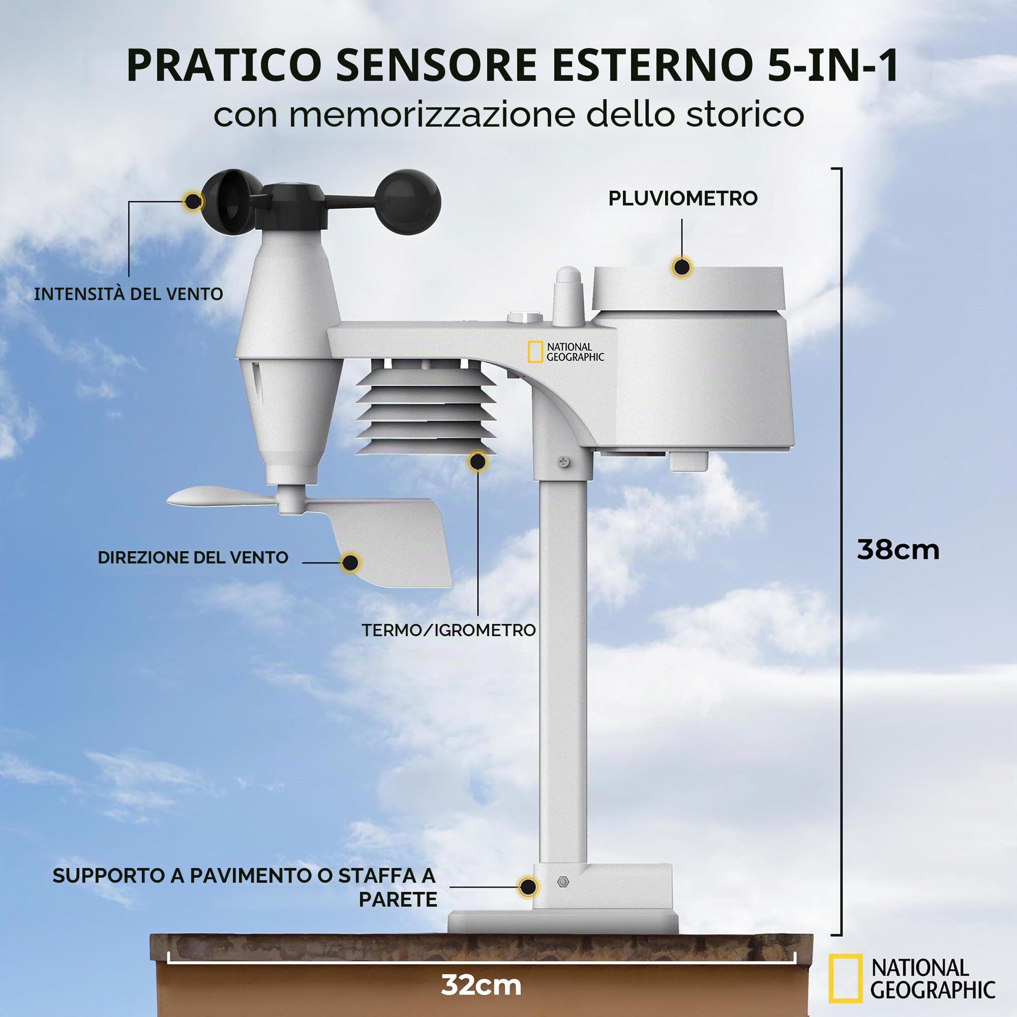 National Geographic Station météo sans fil 5-en-1 avec écran couleur, multisenseur, indicateur de climat intérieur | Temperatura, umidità, pluviometro, anemometro, previsioni meteo, pressione, storico, allarme gelo