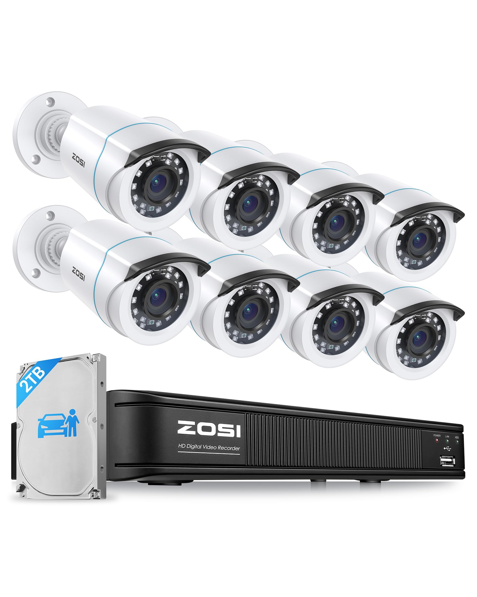 ZOSI 1080P H.265+ Home Security Camera System with AI Human Vehicle Detection, 5MP 3K Lite 8 Channel CCTV DVR Recorder with 2TB Hard Drive and 8 x 1080p Surveillance Bullet Camera Outdoor Indoor
