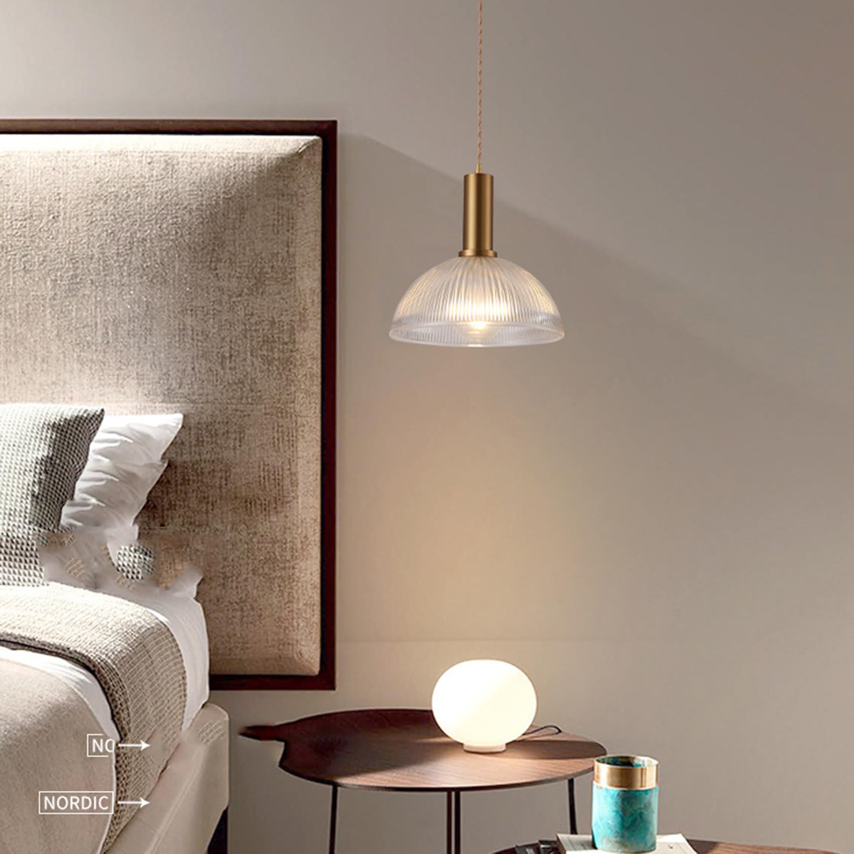 EKSED Lámpara Colgante - Pantalla Colgante de Vidrio Transparente Estriado de 25 cm con Portalámparas E27 Dorado y Cable Trenzado - Lámpara Colgante para Isla de Cocina, Salón (A)