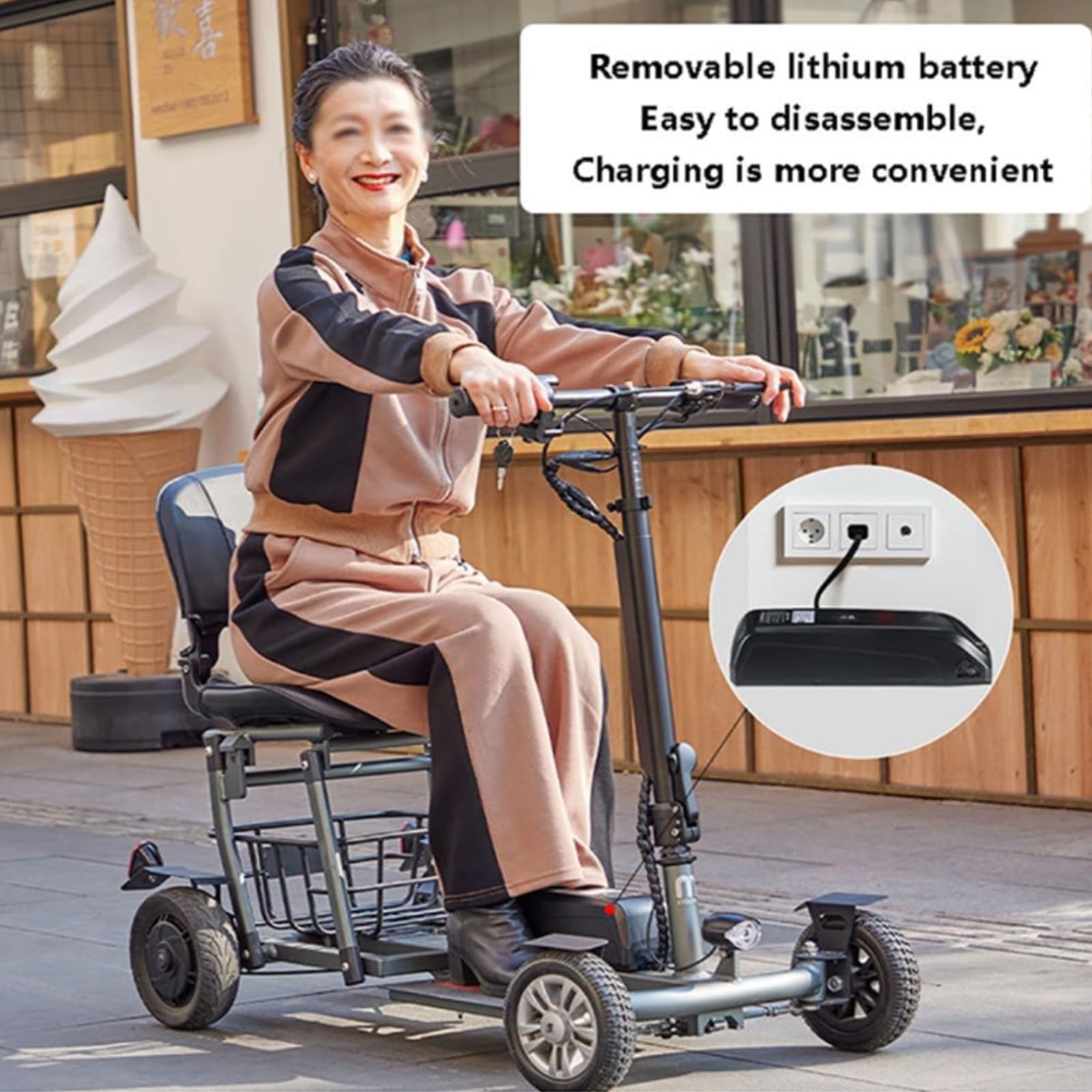 BCBKD Scooter De Movilidad Plegable,Scooter De 4 Ruedas, Scooter De Viaje Portátil, para Inválidos Y Mayores - Batería De Larga Duración, con Asiento Y Cesta