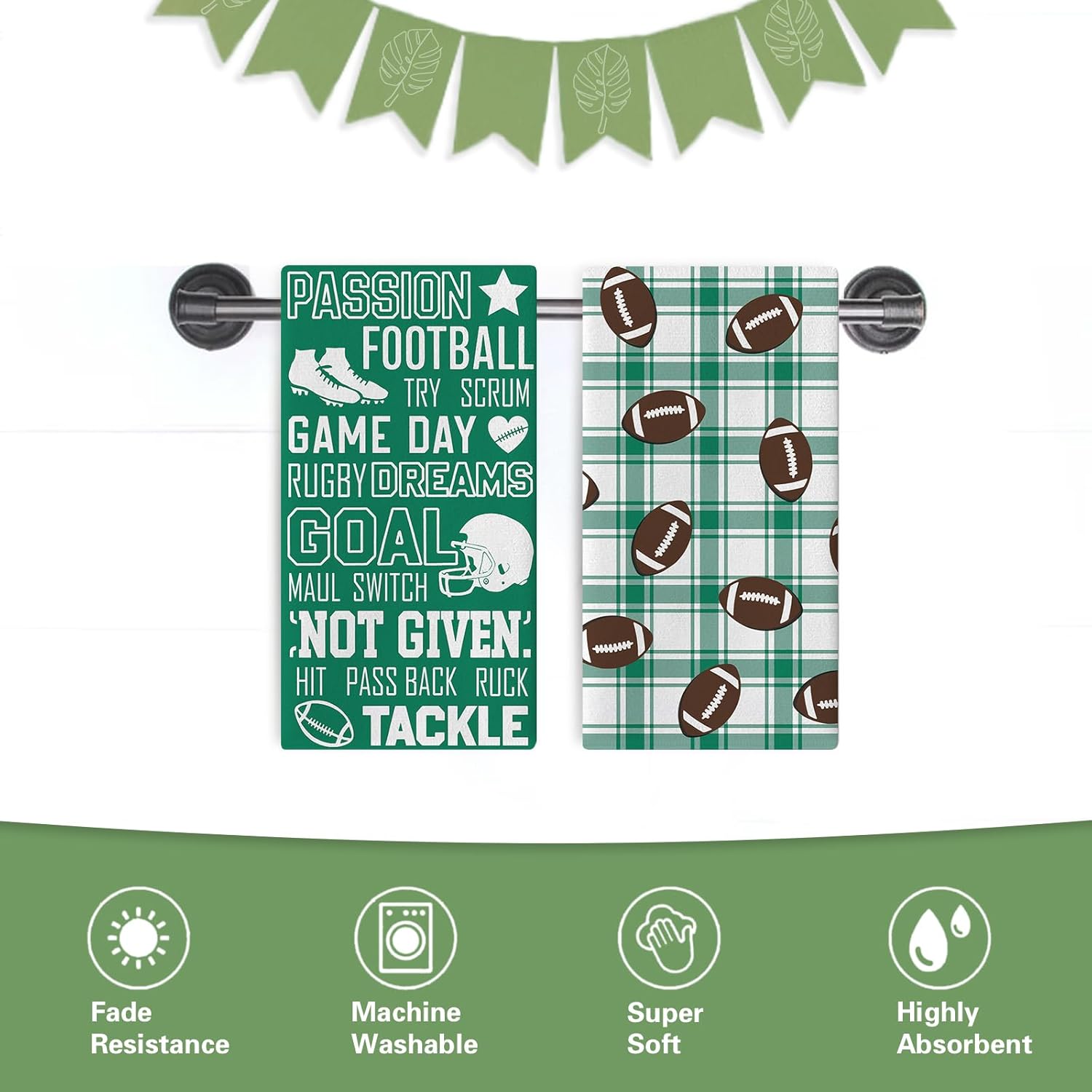 Football Season Kitchen Dish Towels Set of 2, Rugby Sport Game Day Green Buffalo Plaid Drying Hand Towel Baking Cooking Cloth, Farmhouse Bathroom Home Decor Football Player Gifts 18'' x 26'' - Image 6