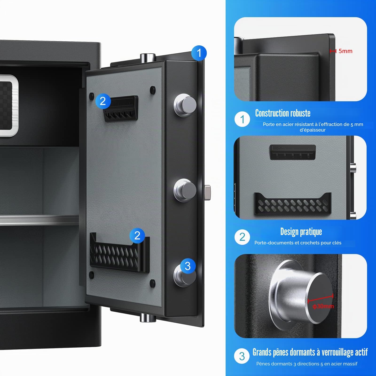 RPNB Deluxe Coffre-fort domestique et casier, coffre-fort de sécurité biométrique à empreintes digitales avec affichage tactile et synthèse vocale, double alerte, coffre-fort de sécurité noir pour la