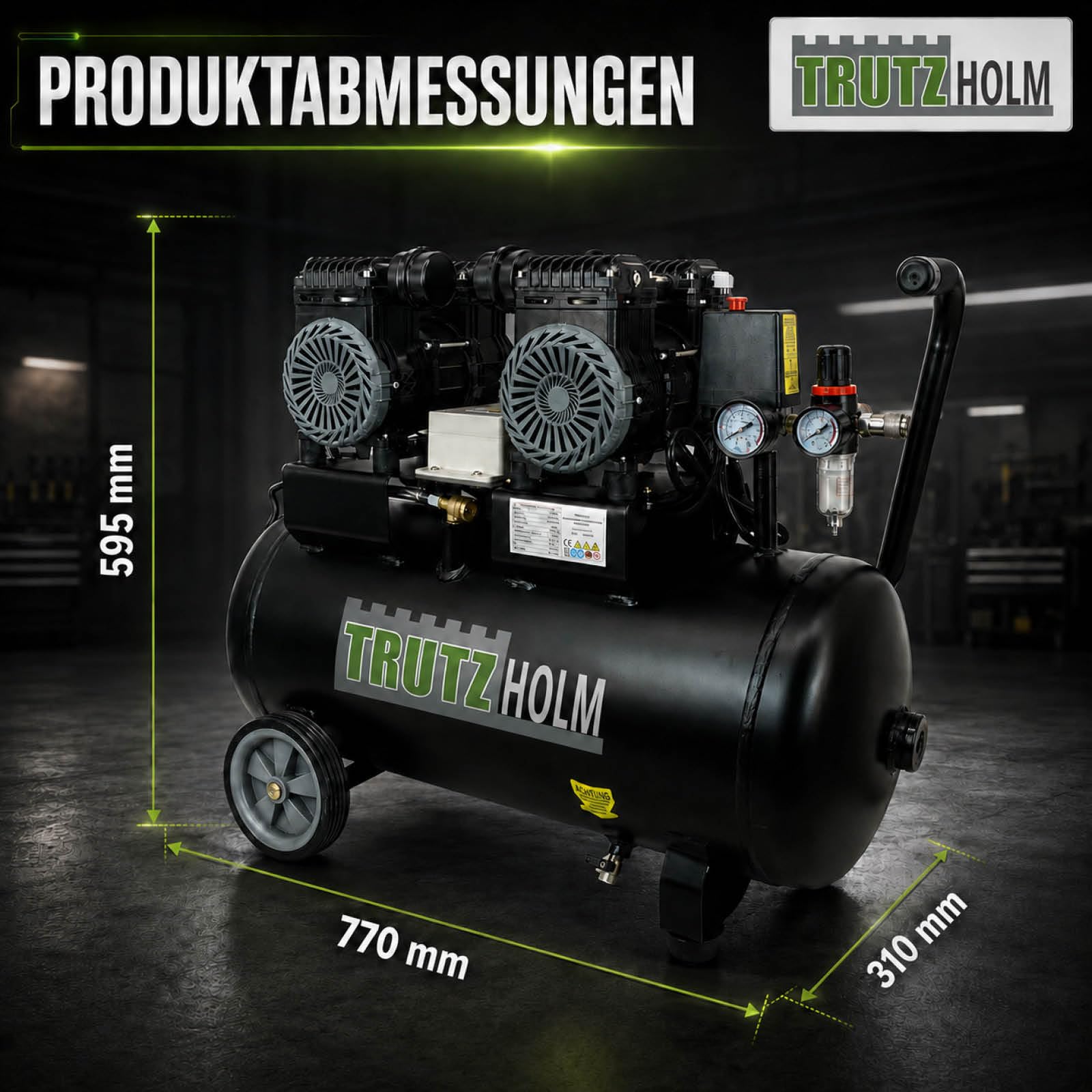 TRUTZHOLM Flüsterkompressor 50L ölfrei | 57 dB(A) Silent Kompressor für Werkstatt & Garage | 1800 W Brushless 2x900W, 8 bar, 290 l/min | wartungsfreier Druckluftkompressor