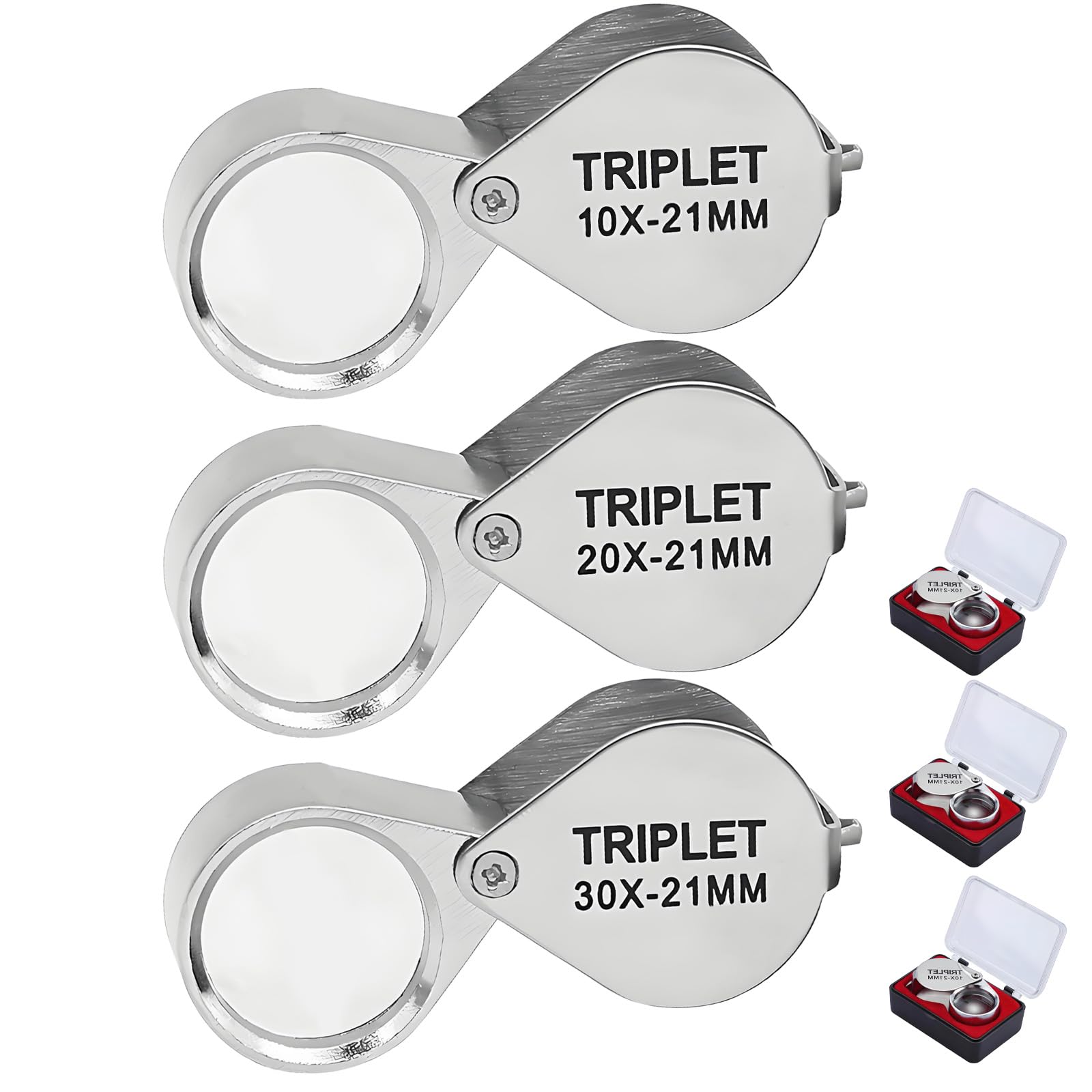 3PCS Jewellers Loupe 10x, 20x 30x Folding Handheld Jewelers Loupe
