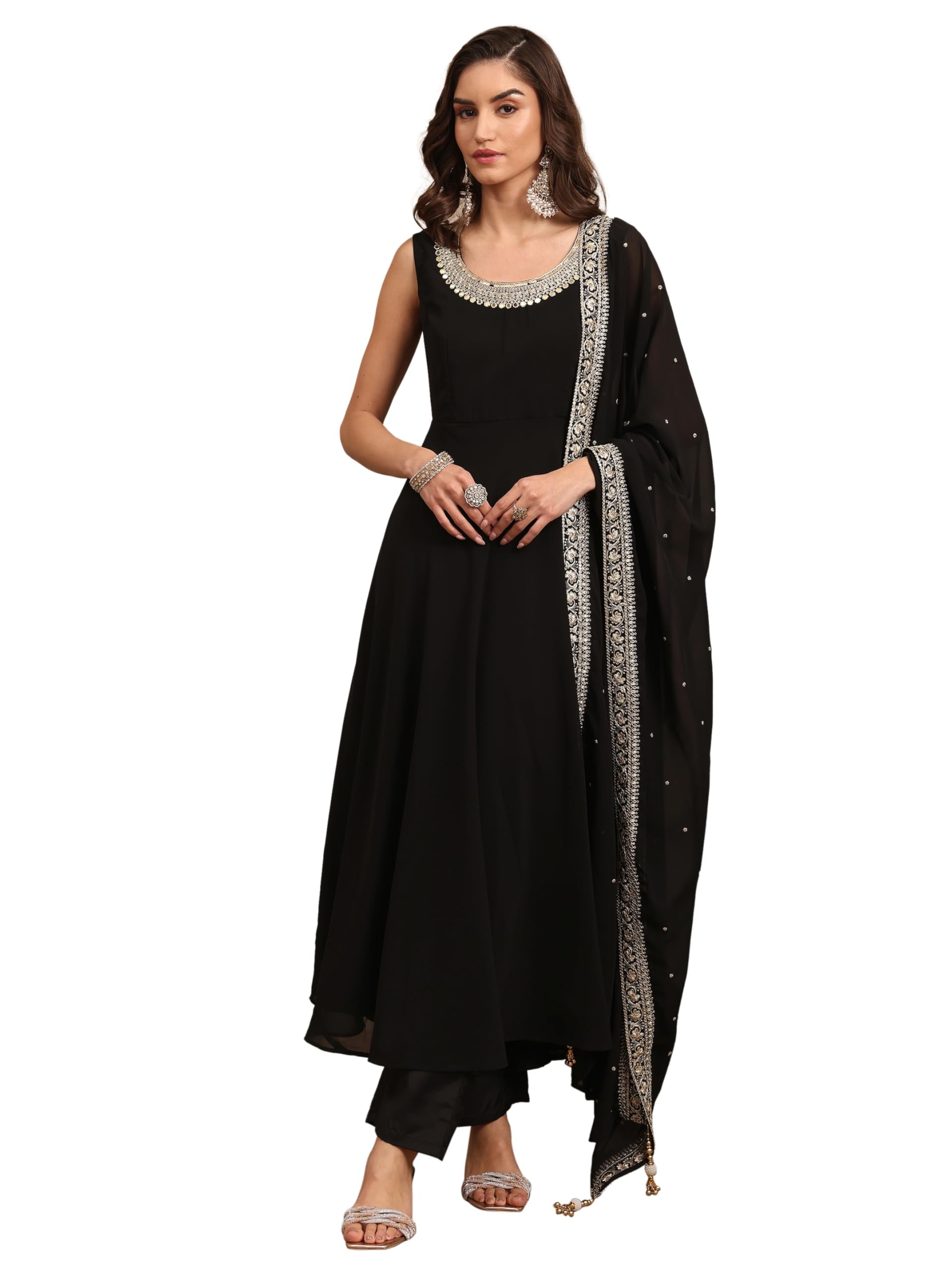 Embellished Georgette Anarkali Kurta With Trouser and Dupatta-image-21