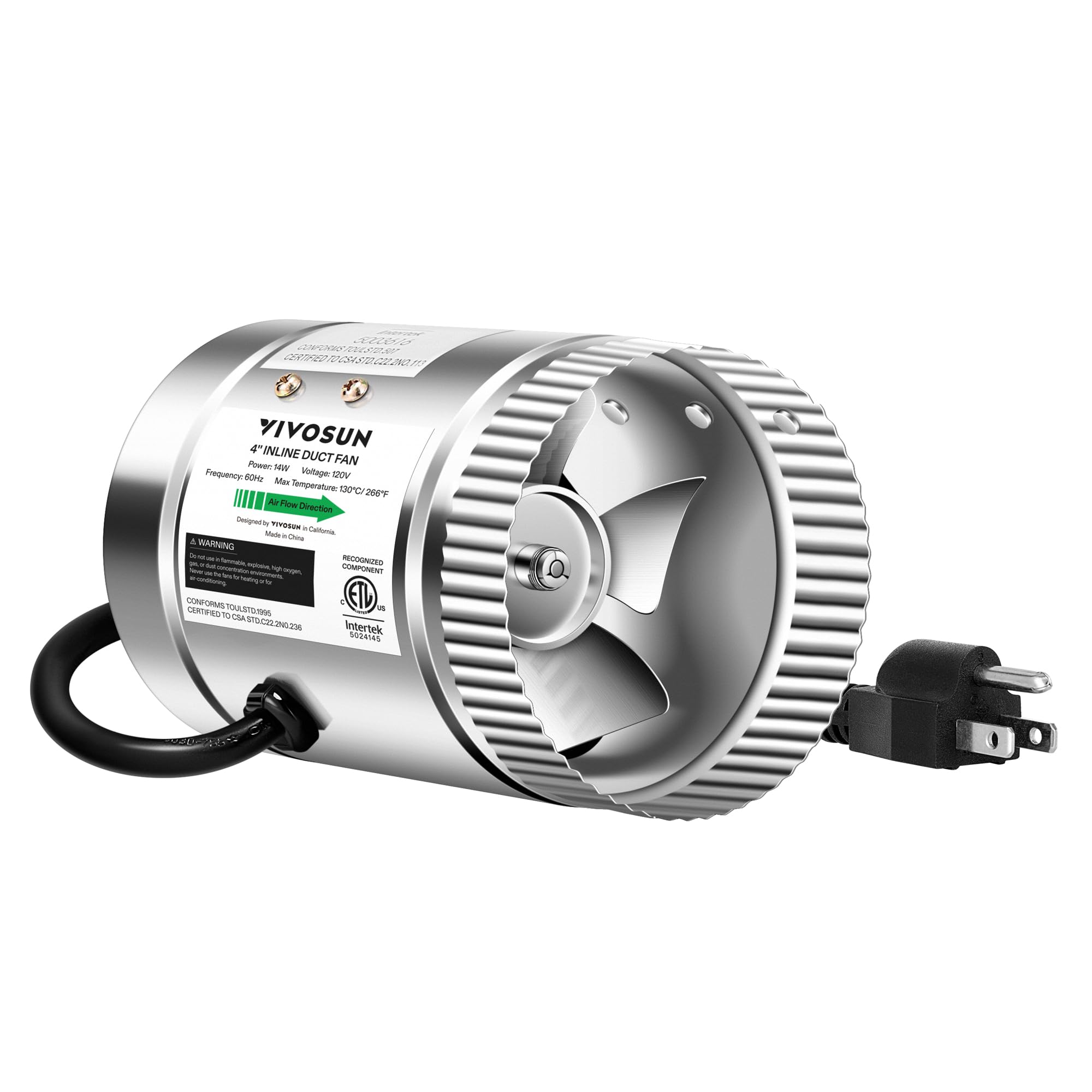 VIVOSUN 4 Inch Inline Duct Fan 100 CFM, HVAC Exhaust Ventilation Fan with Low Noise for Basements, Bathrooms, Kitchens and Attics, Silver