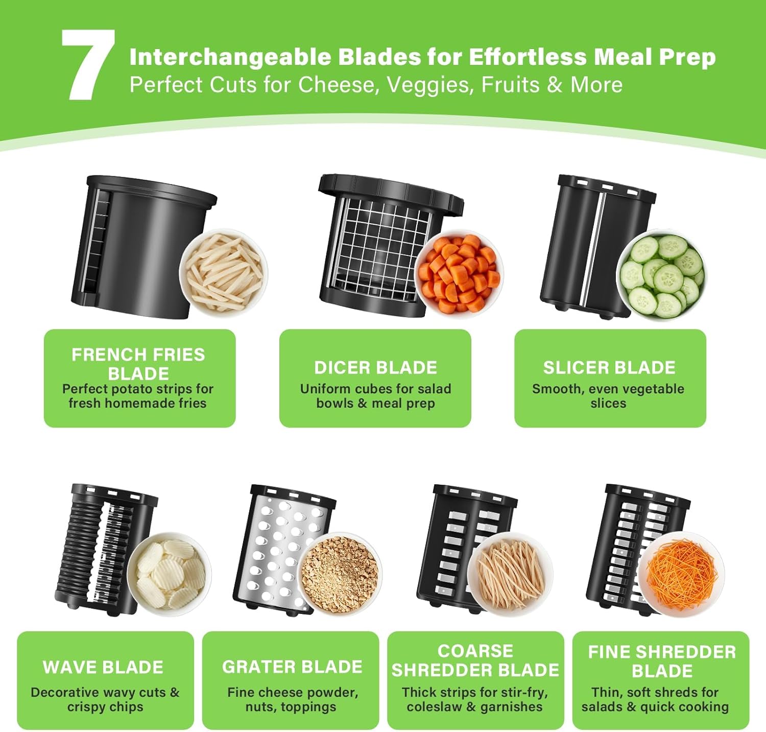 Anbull 7-in-1 Electric Salad Maker, 250W Professional Cheese Grater & Vegetable Cutter with Dicer, French Fry Blades, Automatic Slicer Shredder for Salads, Fruits, Nuts, One-Touch Meal Prep, BPA-Free