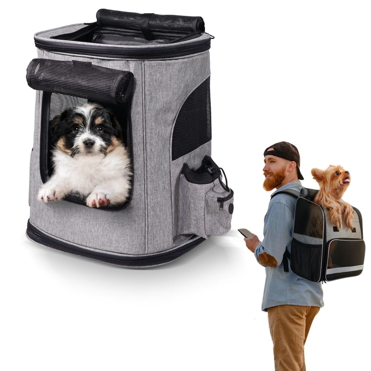 Mobiclinic® Pets, Mochila para Mascotas. Thor, Plegable, Ventana de Malla, Bolsillos para Accesorios, Múltiples accesos, Doble asa, Ajustable, 30x25x40 cm, Transportín Gatos y Perros