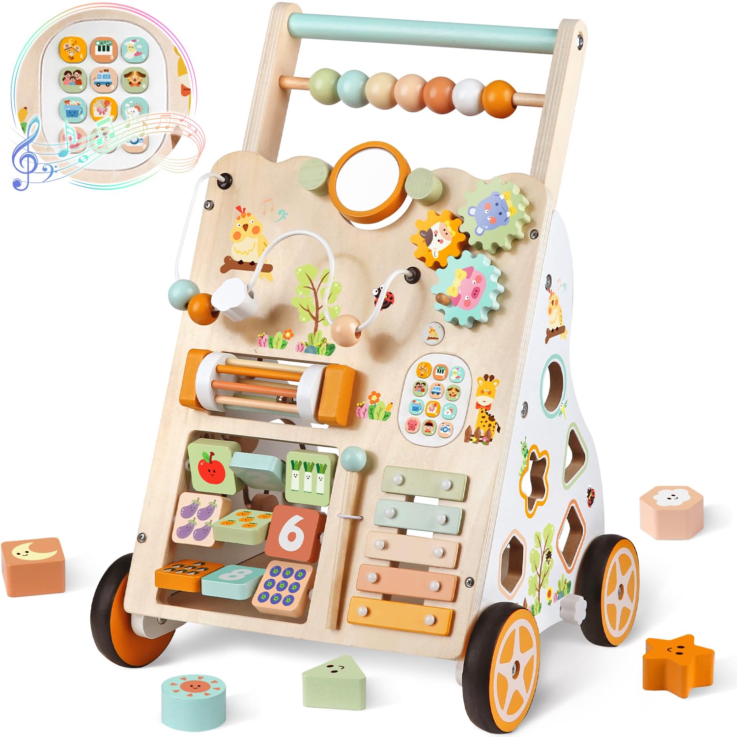 Girello in legno con ruote, centro attività Montessori per bambini, velocità e altezza regolabili, giocattolo educativo per camminare a spinta, regalo per 1+ anni