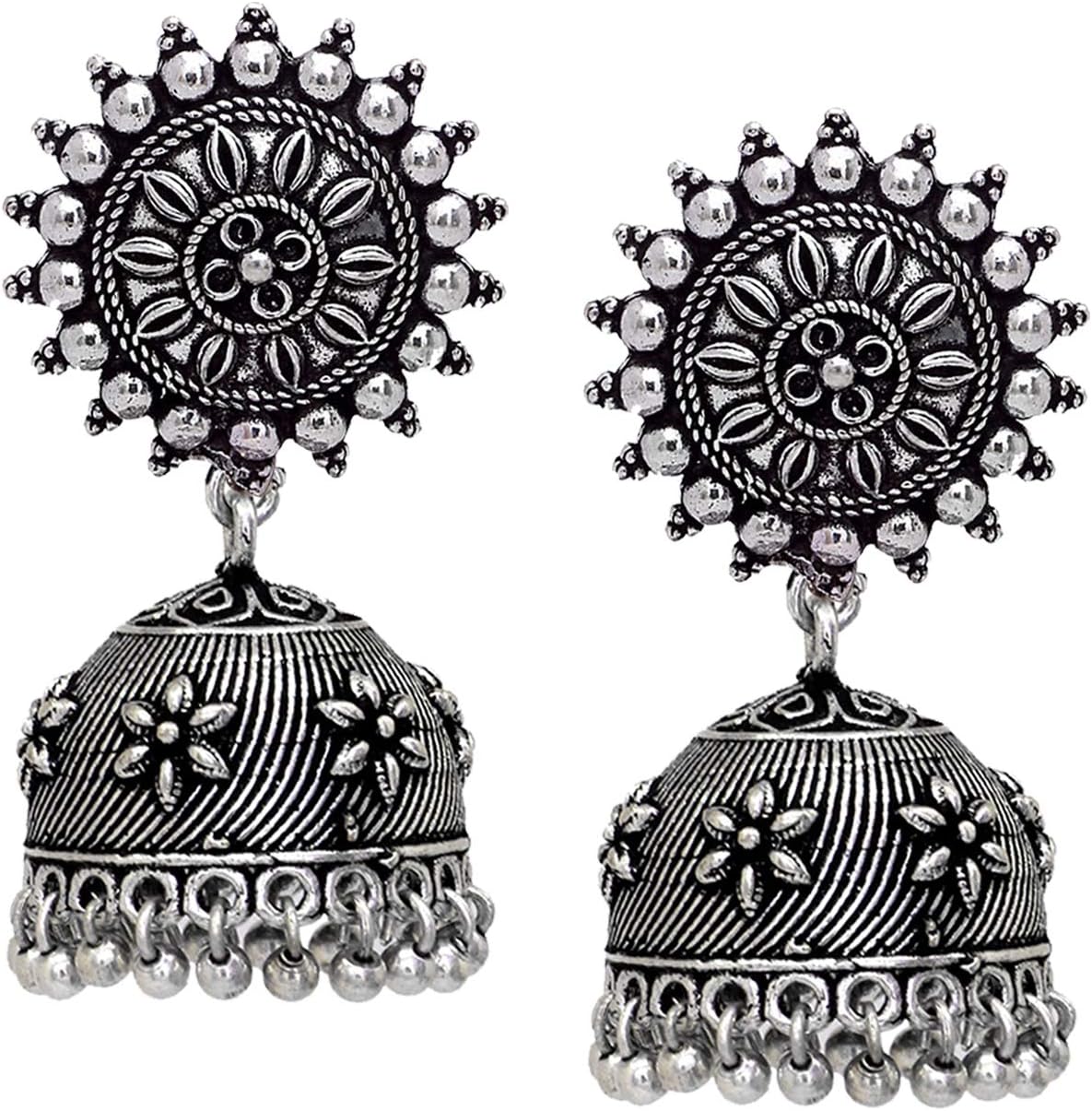 V L IMPEX Silver Metal Sun Theme Stud with Small Jhumka Earrings for Women